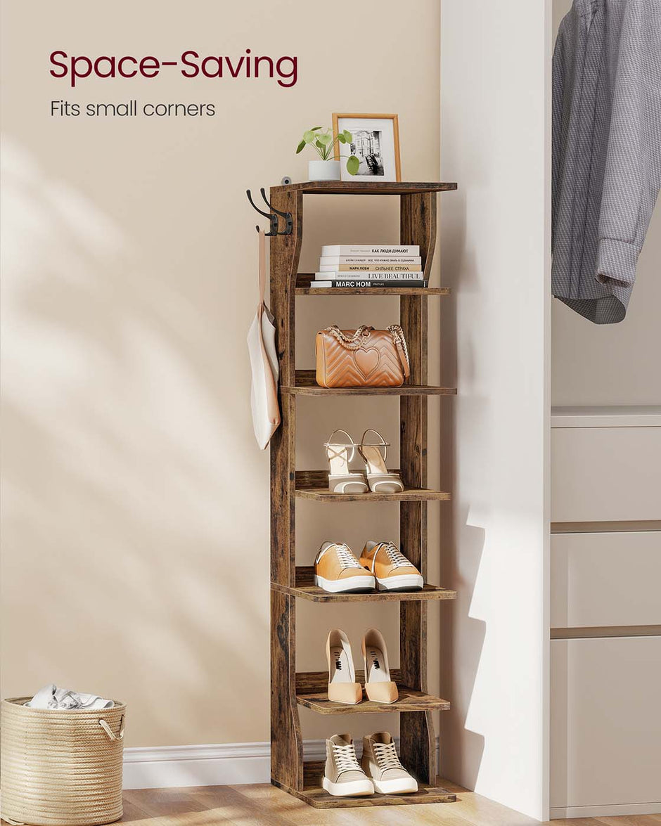 Slim Shoe Rack – Wood – Rustic Brown – 7-Tier Design for Small Spaces