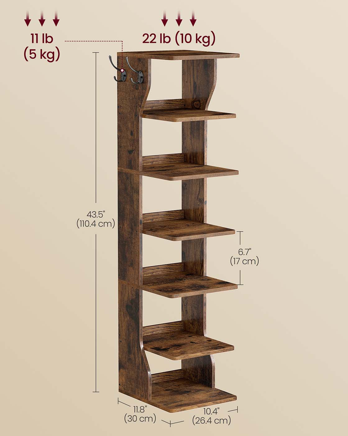 Slim Shoe Rack – Wood – Rustic Brown – 7-Tier Design for Small Spaces