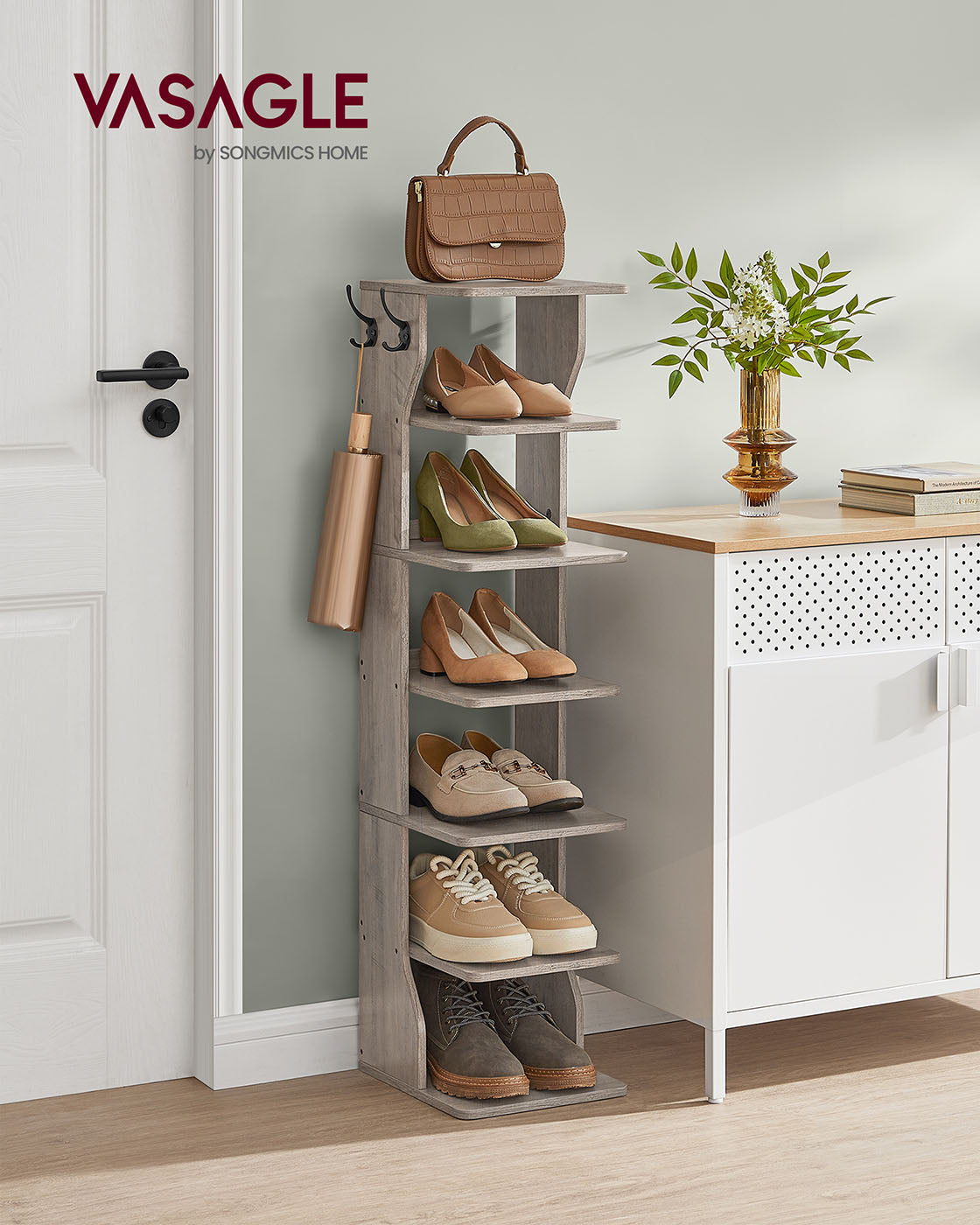 Shoe Rack – Metal and Wood – Heather Greige – 7-Tier Design for Small Spaces