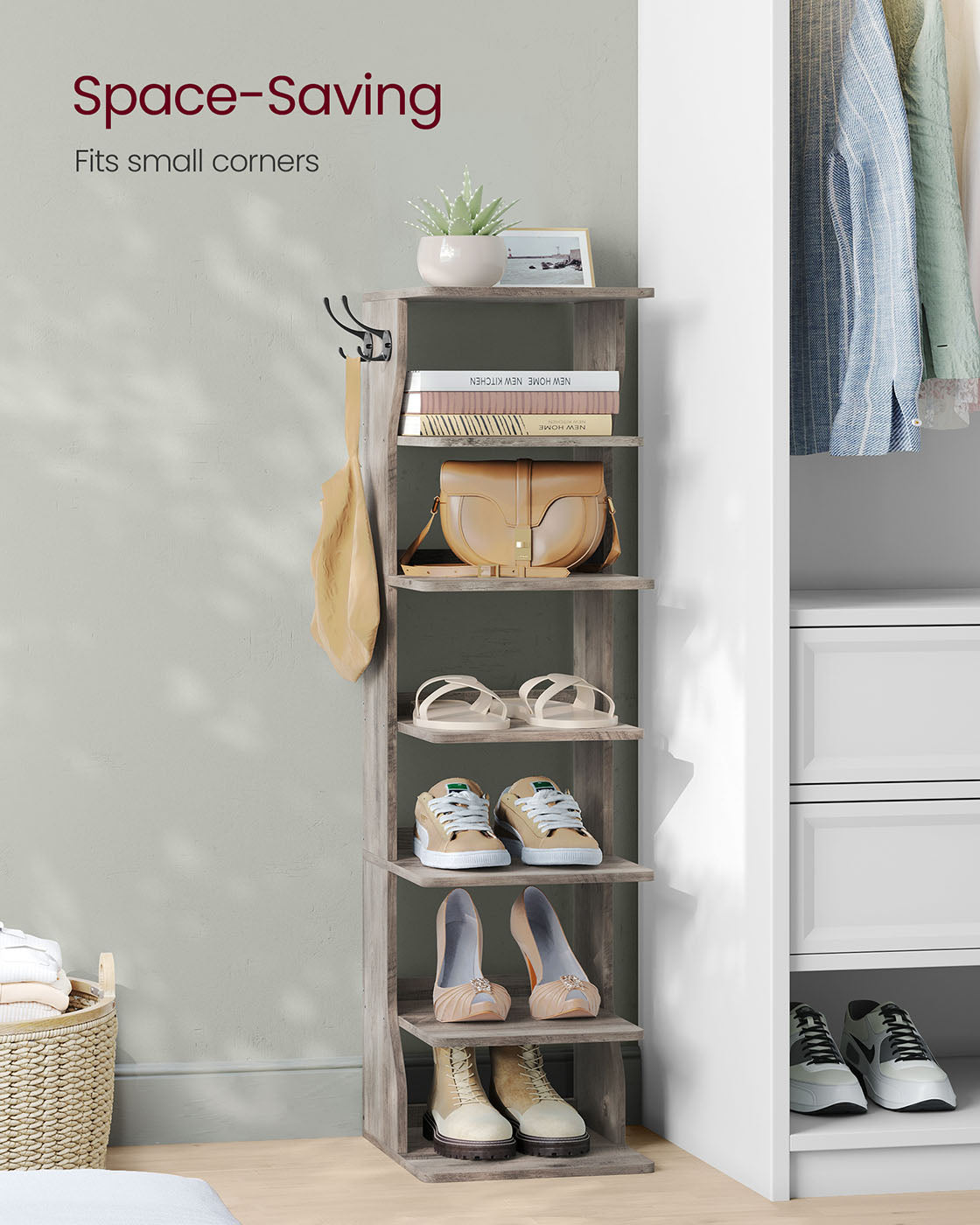 Shoe Rack – Metal and Wood – Heather Greige – 7-Tier Design for Small Spaces
