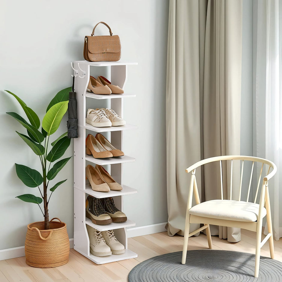 Narrow Shoe Rack – Wood – White – 6-Tier Vertical Storage for Small Spaces