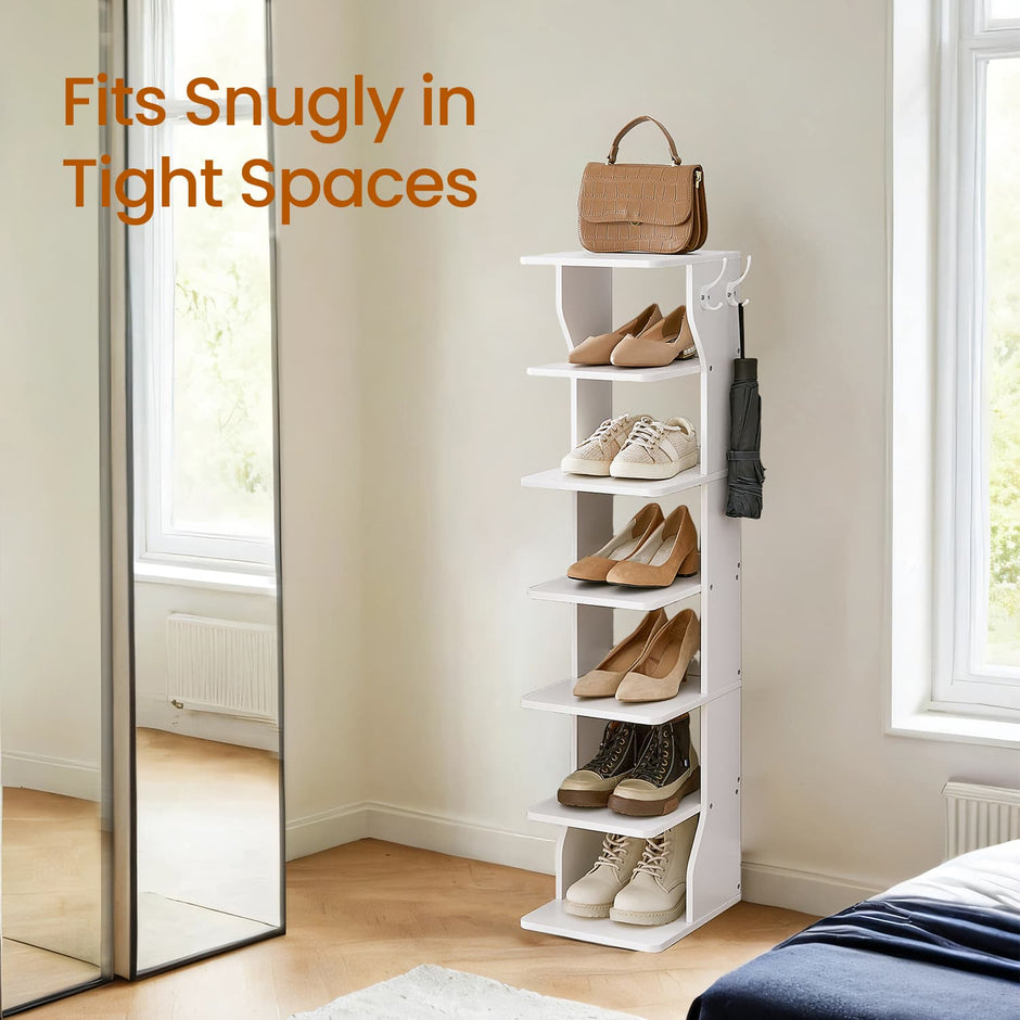 Narrow Shoe Rack – Wood – White – 6-Tier Vertical Storage for Small Spaces