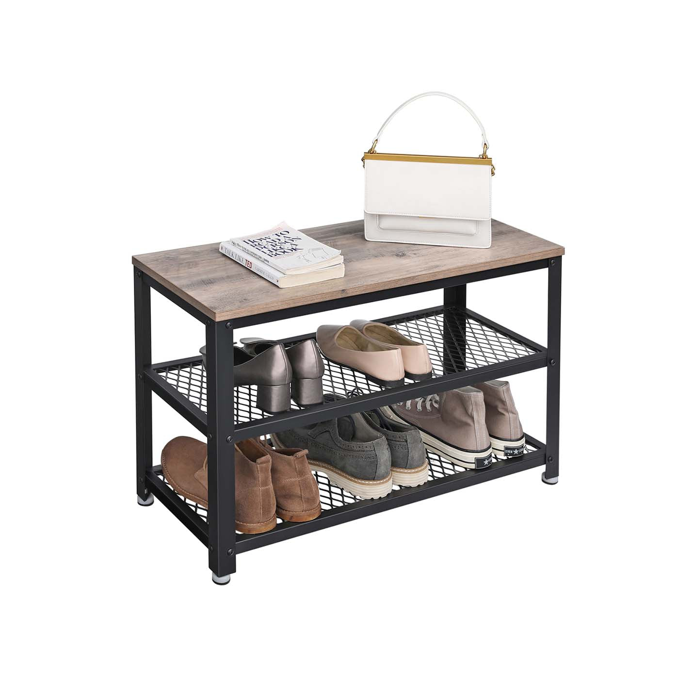 Shoe Bench – Wood and Metal – Rustic Brown – 3-Tier Storage with Seating