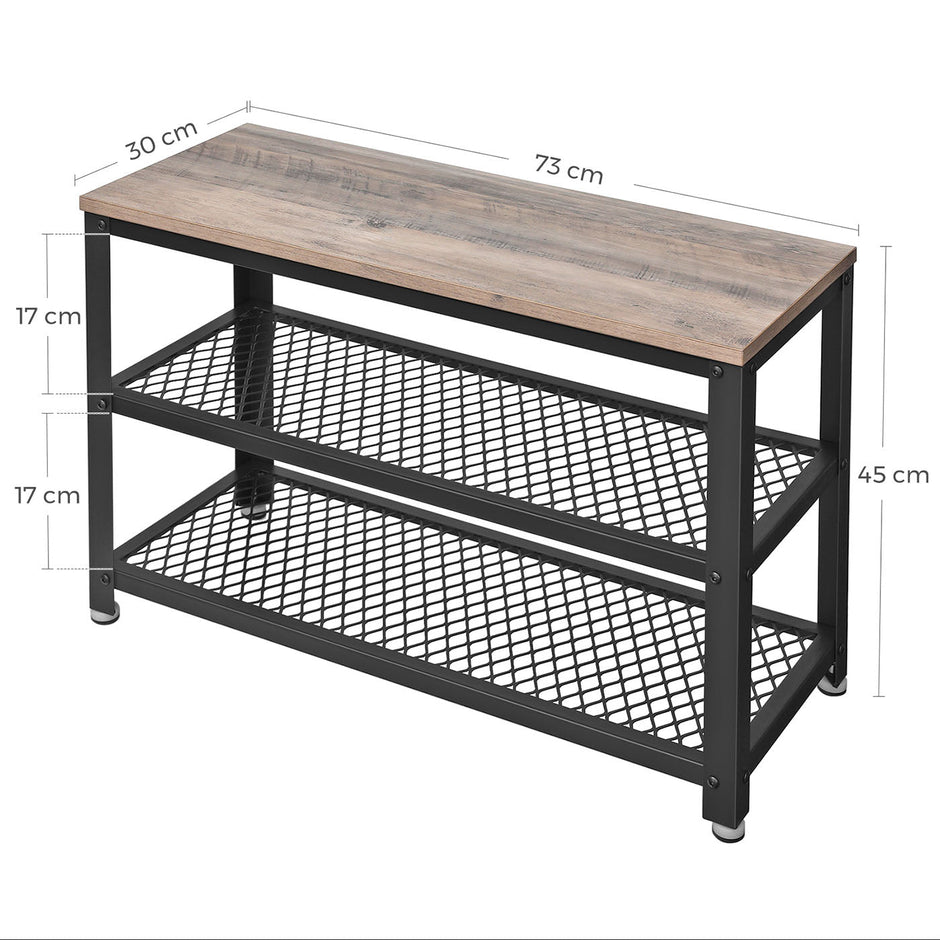 Shoe Bench Rack – Wood and Metal – Rustic Brown – 3-Tier with Seating