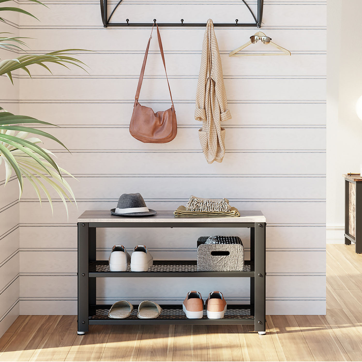 Shoe Bench Rack – Wood and Metal – Rustic Brown – 3-Tier with Seating