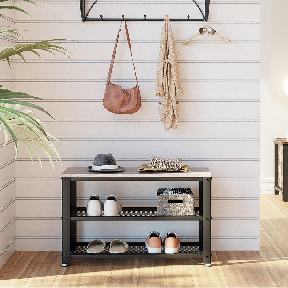 Shoe Bench Rack – Wood and Metal – Rustic Brown – 3-Tier with Seating