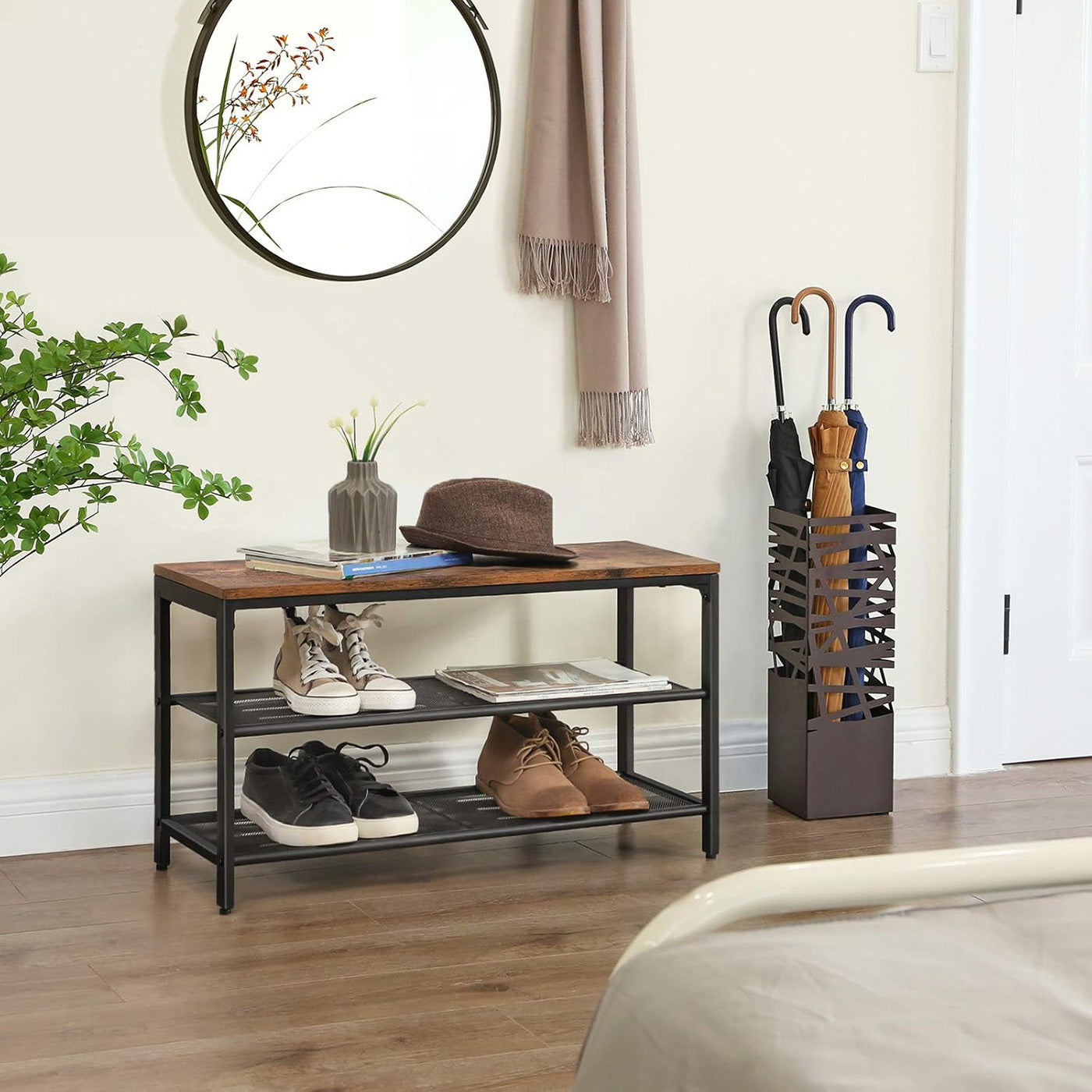 Shoe Bench – Metal – Rustic Brown – Two Mesh Shelves and Seat