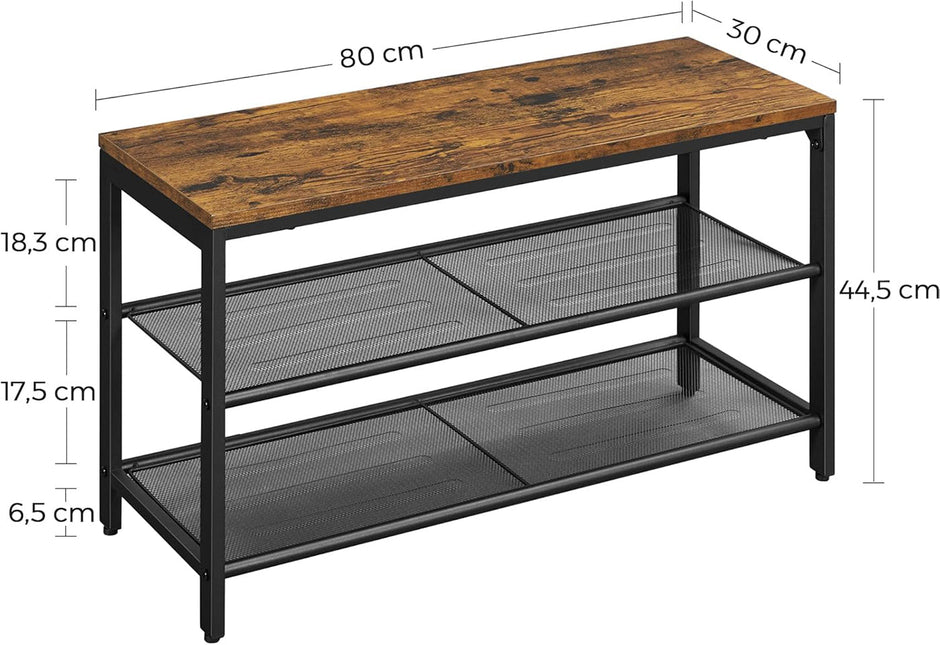 Shoe Bench – Metal – Rustic Brown – Two Mesh Shelves and Seat