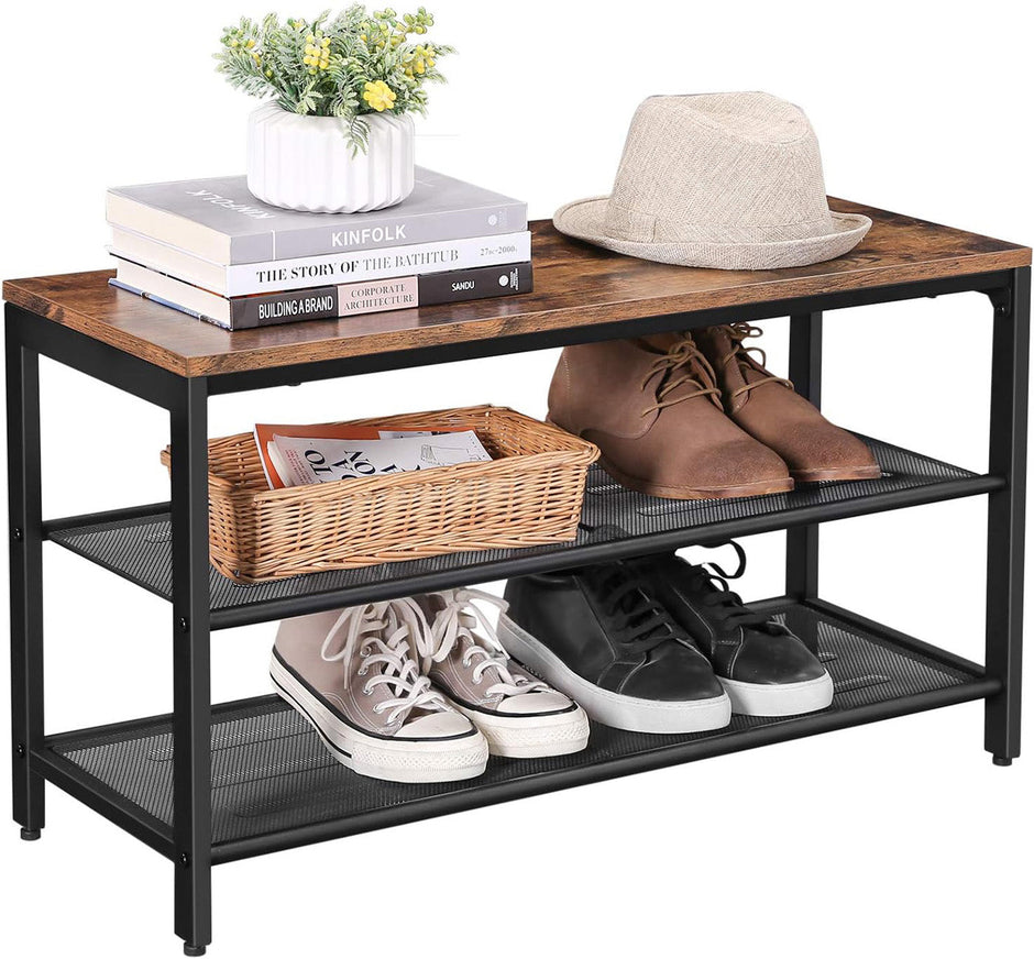 Shoe Bench – Metal – Rustic Brown – Two Mesh Shelves and Seat