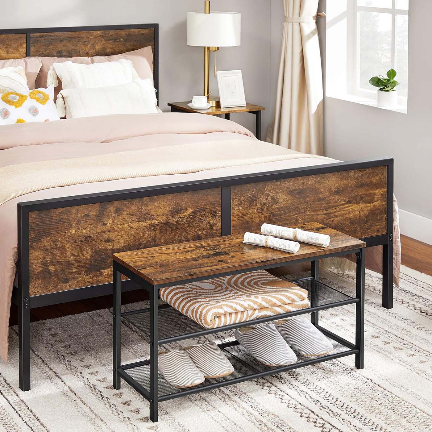 Shoe Bench – Metal – Rustic Brown – Two Mesh Shelves and Seat