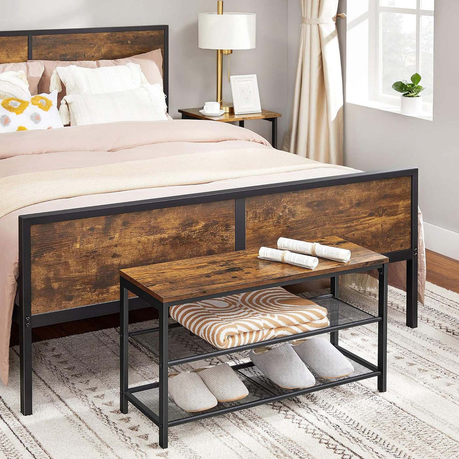 Shoe Bench – Metal – Rustic Brown – Two Mesh Shelves and Seat