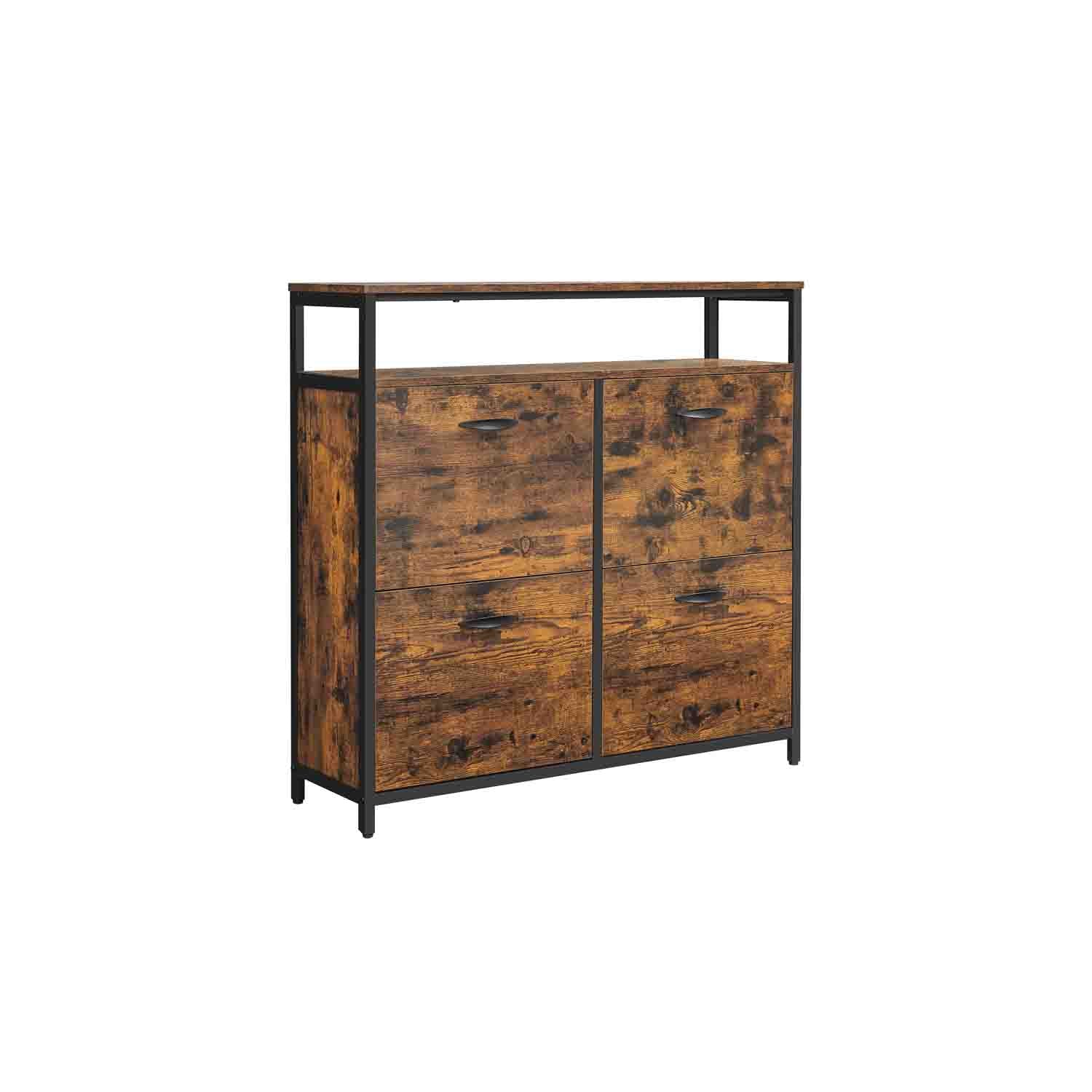 Shoe Cabinet – Wood – Rustic Brown and Black – Capable of Storing 15-18 Pairs with Open Compartment and Internal Dividers