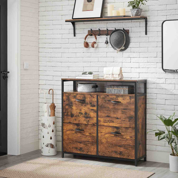 Shoe Cabinet – Wood – Rustic Brown and Black – Capable of Storing 15-18 Pairs with Open Compartment and Internal Dividers