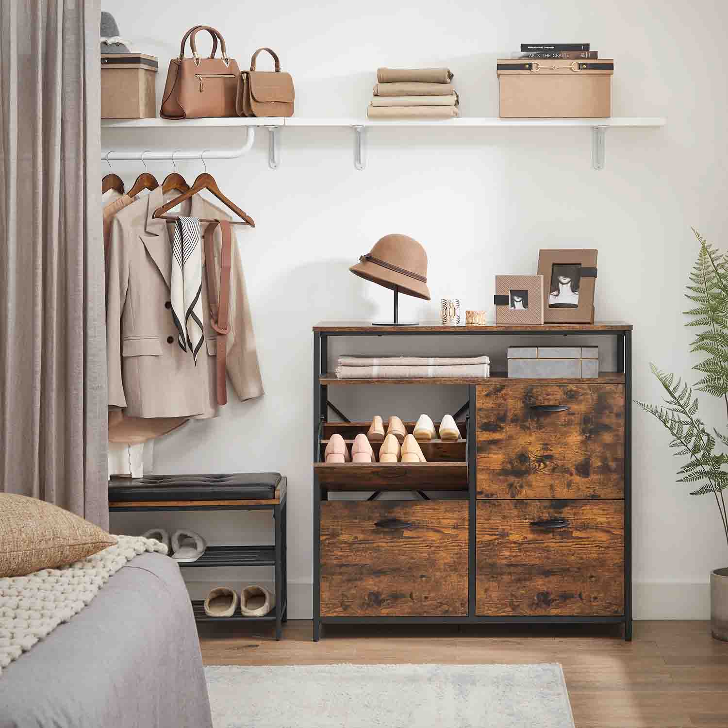 Shoe Cabinet – Wood – Rustic Brown and Black – Capable of Storing 15-18 Pairs with Open Compartment and Internal Dividers
