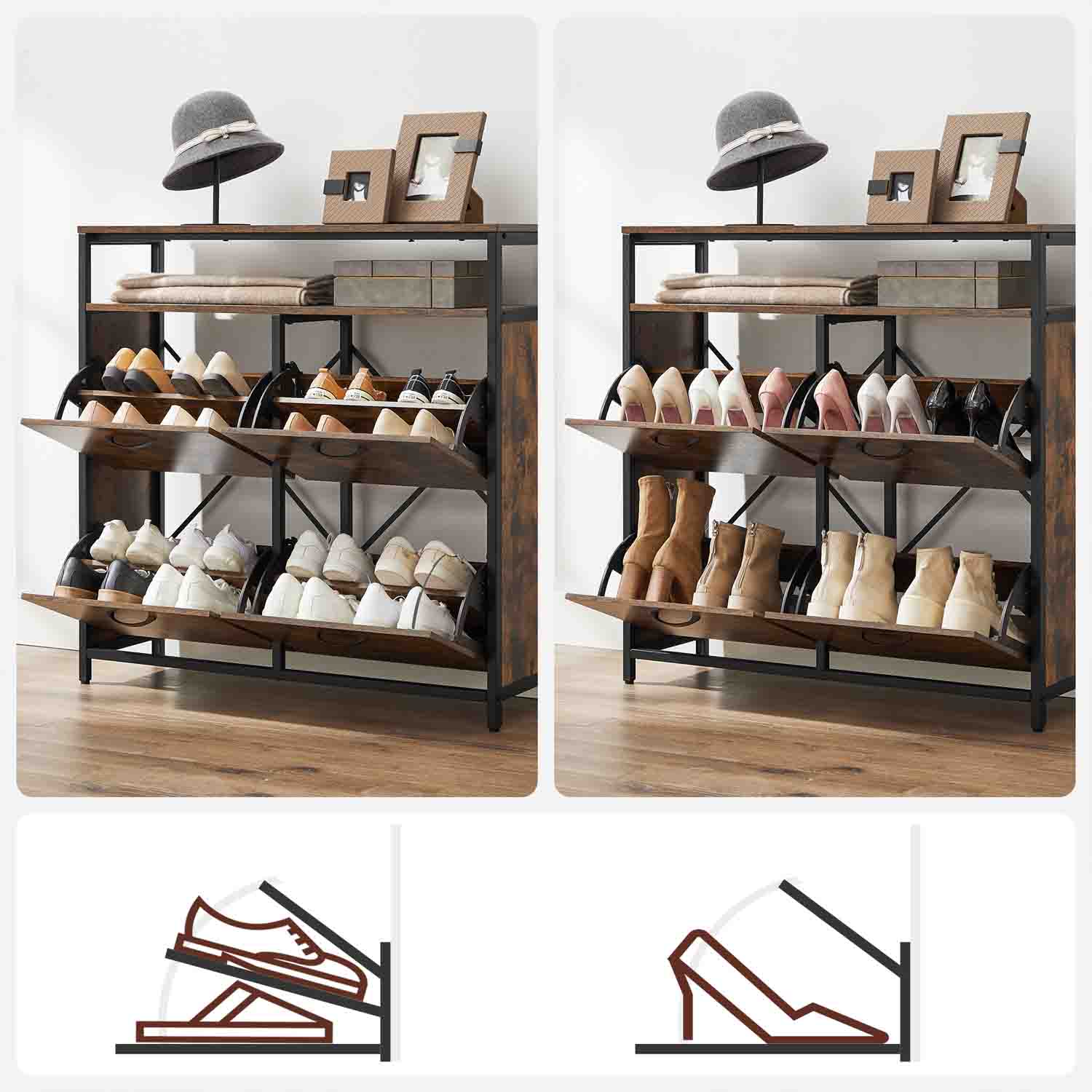 Shoe Cabinet – Wood – Rustic Brown and Black – Capable of Storing 15-18 Pairs with Open Compartment and Internal Dividers