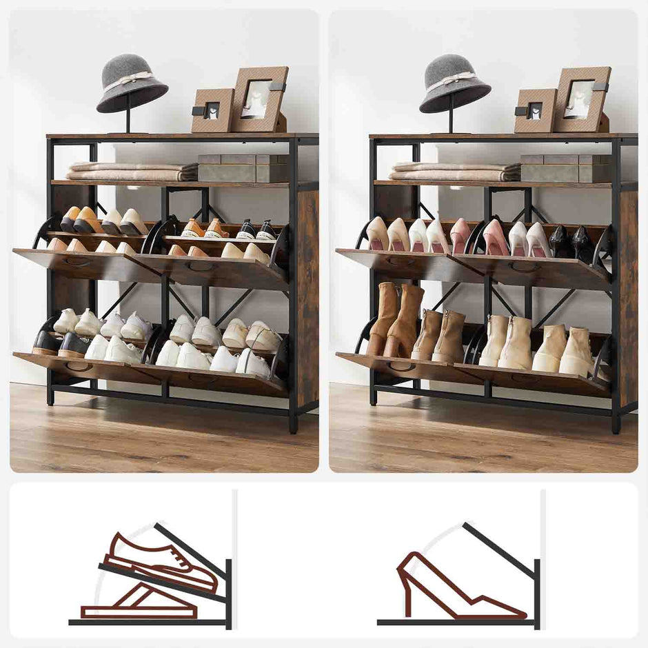Shoe Cabinet – Wood – Rustic Brown and Black – Capable of Storing 15-18 Pairs with Open Compartment and Internal Dividers