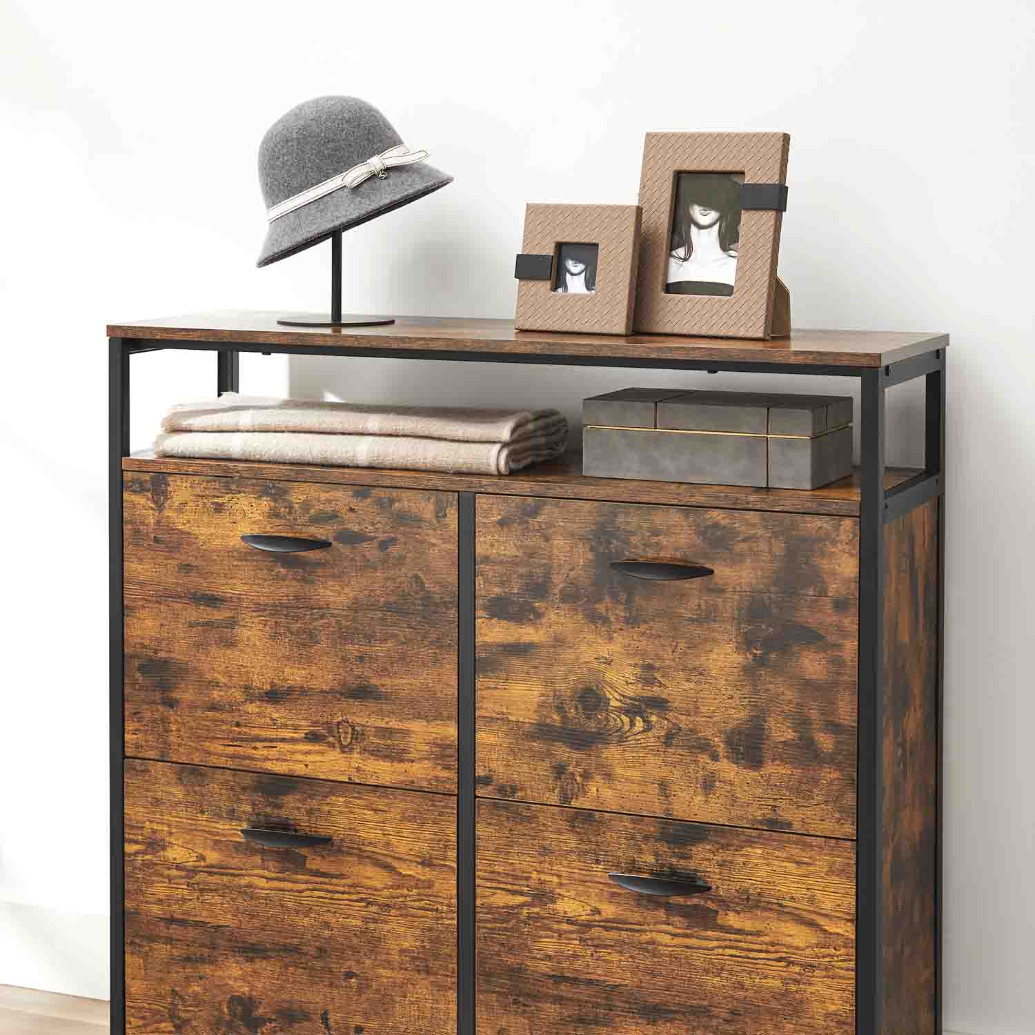 Shoe Cabinet – Wood – Rustic Brown and Black – Capable of Storing 15-18 Pairs with Open Compartment and Internal Dividers