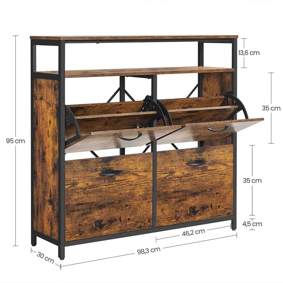 Shoe Cabinet – Wood – Rustic Brown and Black – Capable of Storing 15-18 Pairs with Open Compartment and Internal Dividers