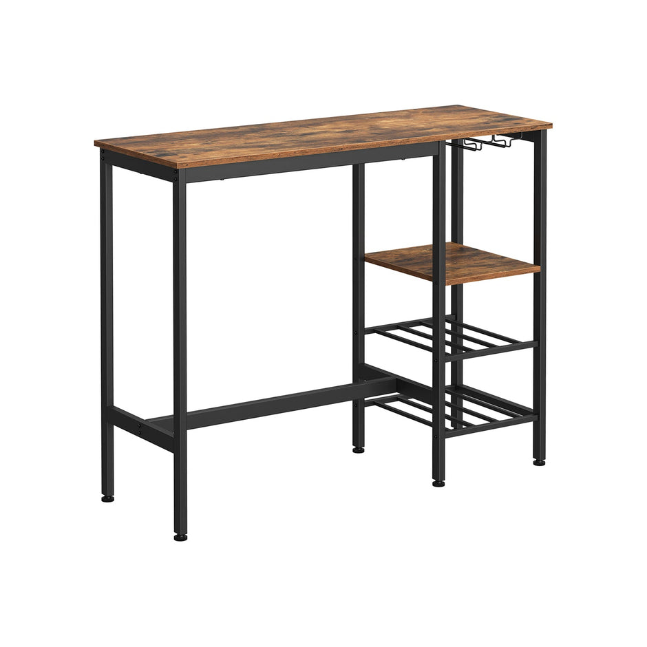 Dining Table – Engineered Wood – Rustic Brown and Black – Includes Wine Glass Holder and Bottle Rack