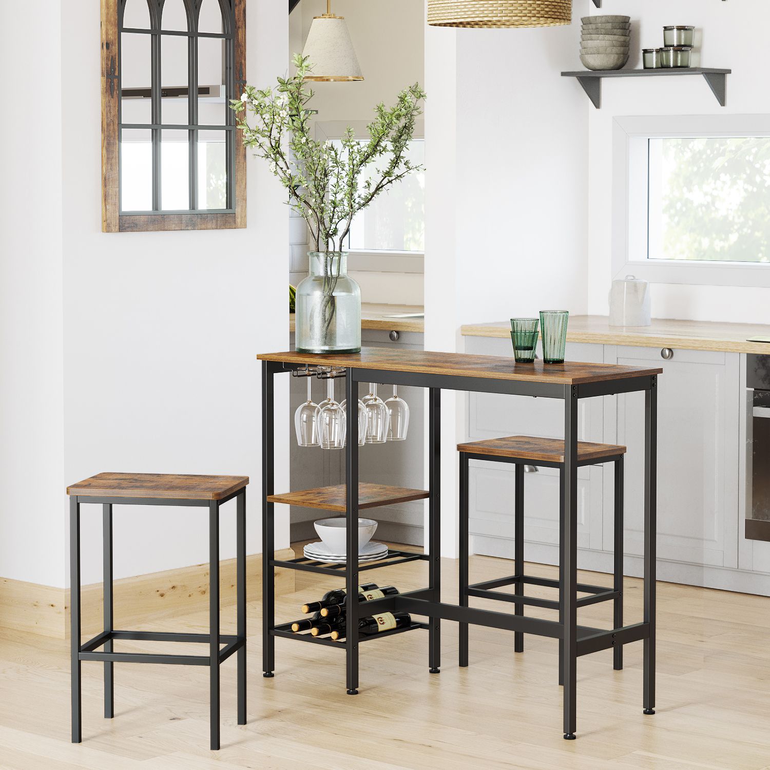 Dining Table – Engineered Wood – Rustic Brown and Black – Includes Wine Glass Holder and Bottle Rack
