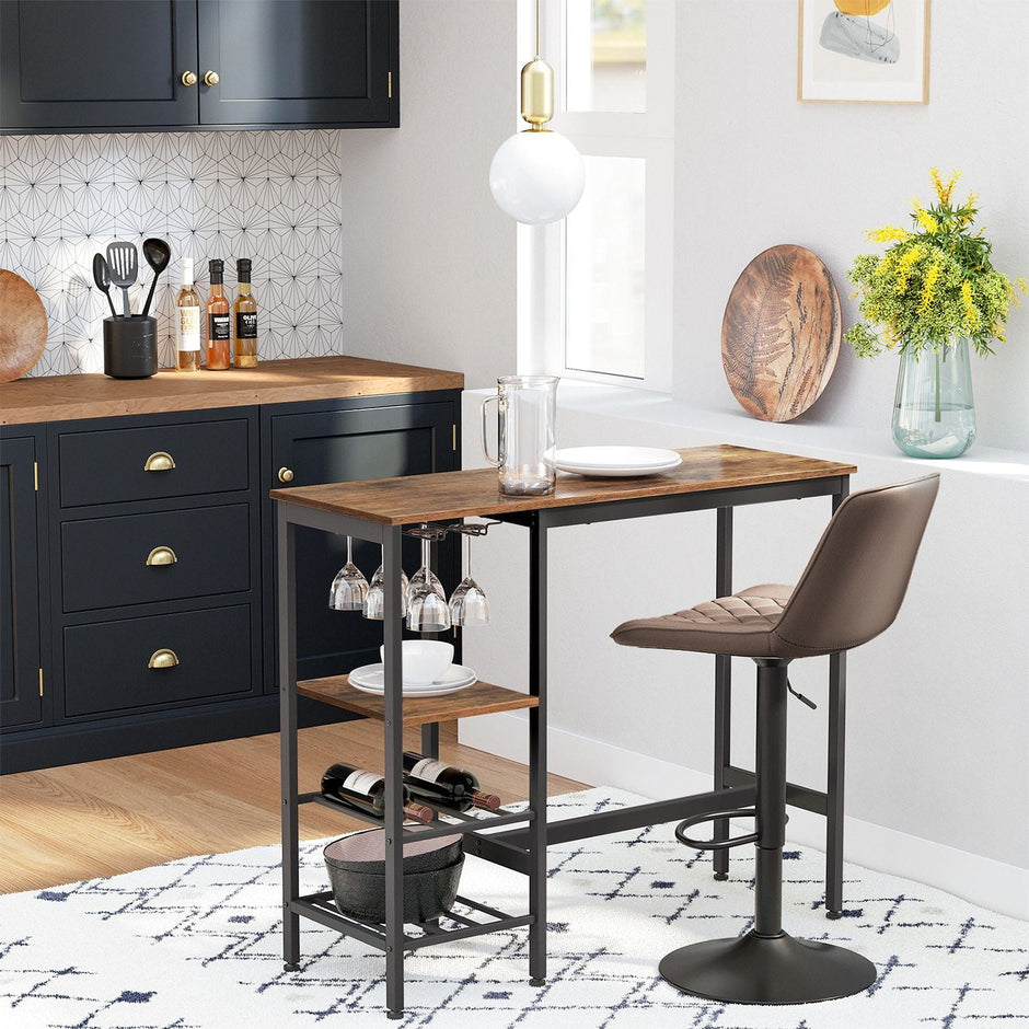 Dining Table – Engineered Wood – Rustic Brown and Black – Includes Wine Glass Holder and Bottle Rack