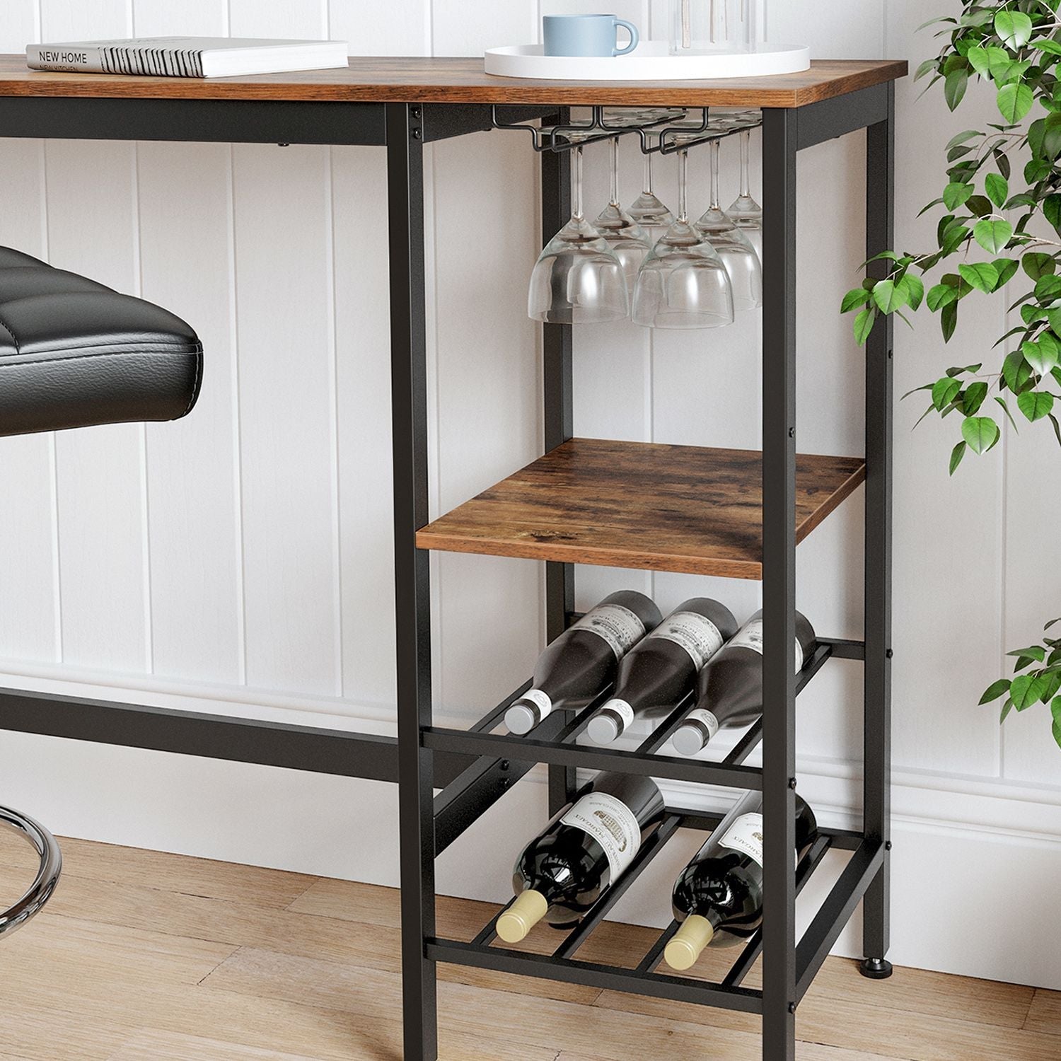 Dining Table – Engineered Wood – Rustic Brown and Black – Includes Wine Glass Holder and Bottle Rack