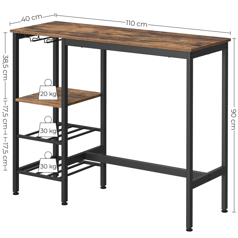 Dining Table – Engineered Wood – Rustic Brown and Black – Includes Wine Glass Holder and Bottle Rack