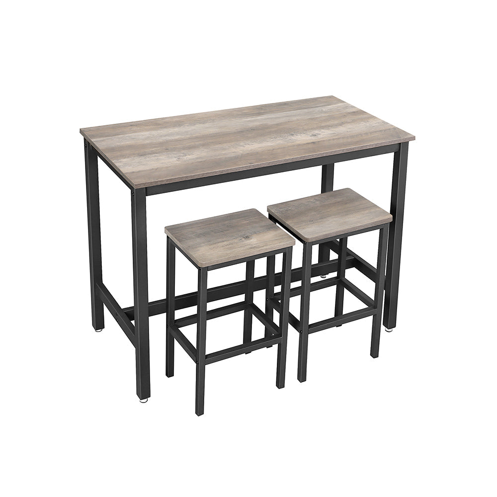 Bar Table Set – Wood and Metal – Greige and Black – Includes 2 Bar Stools