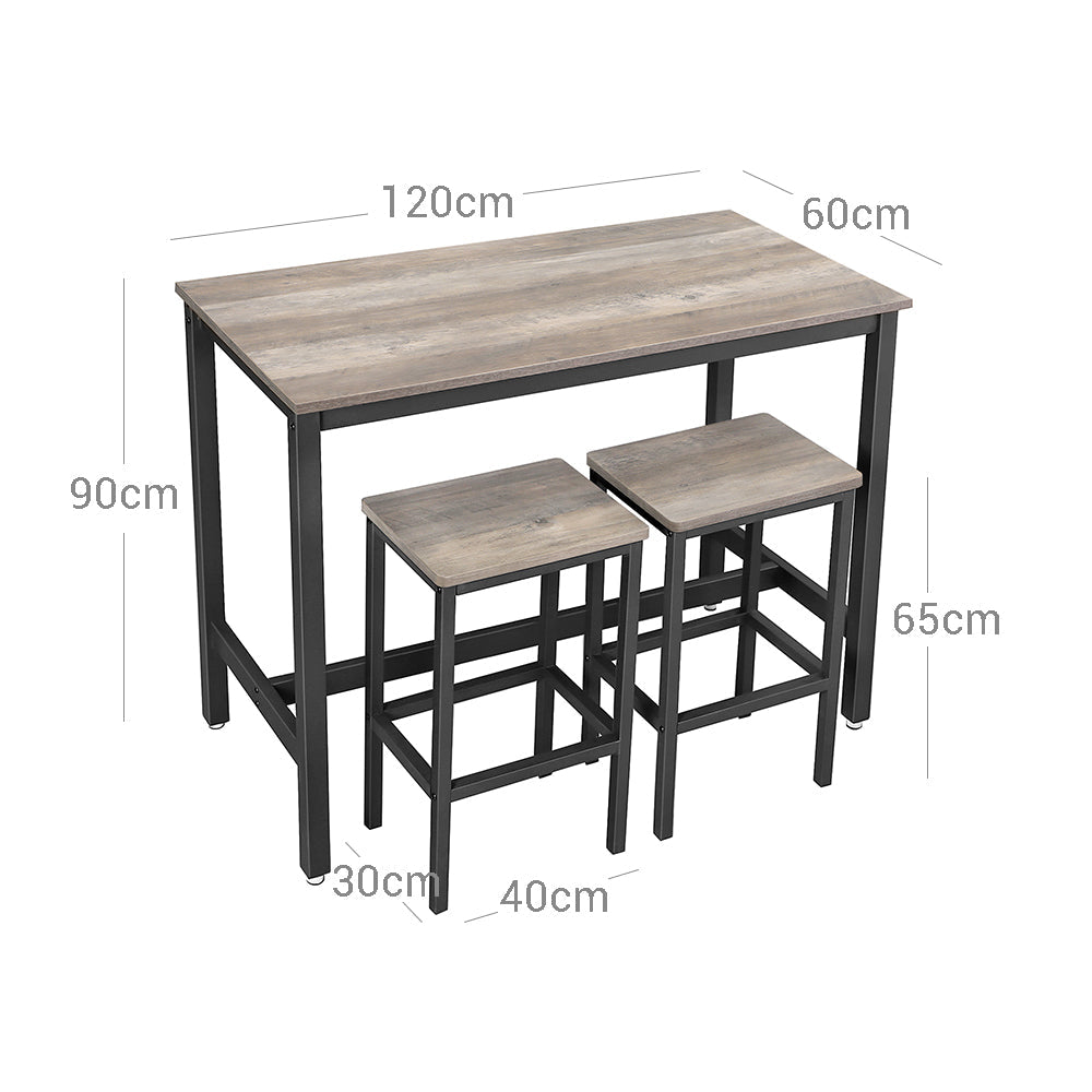 Bar Table Set – Wood and Metal – Greige and Black – Includes 2 Bar Stools