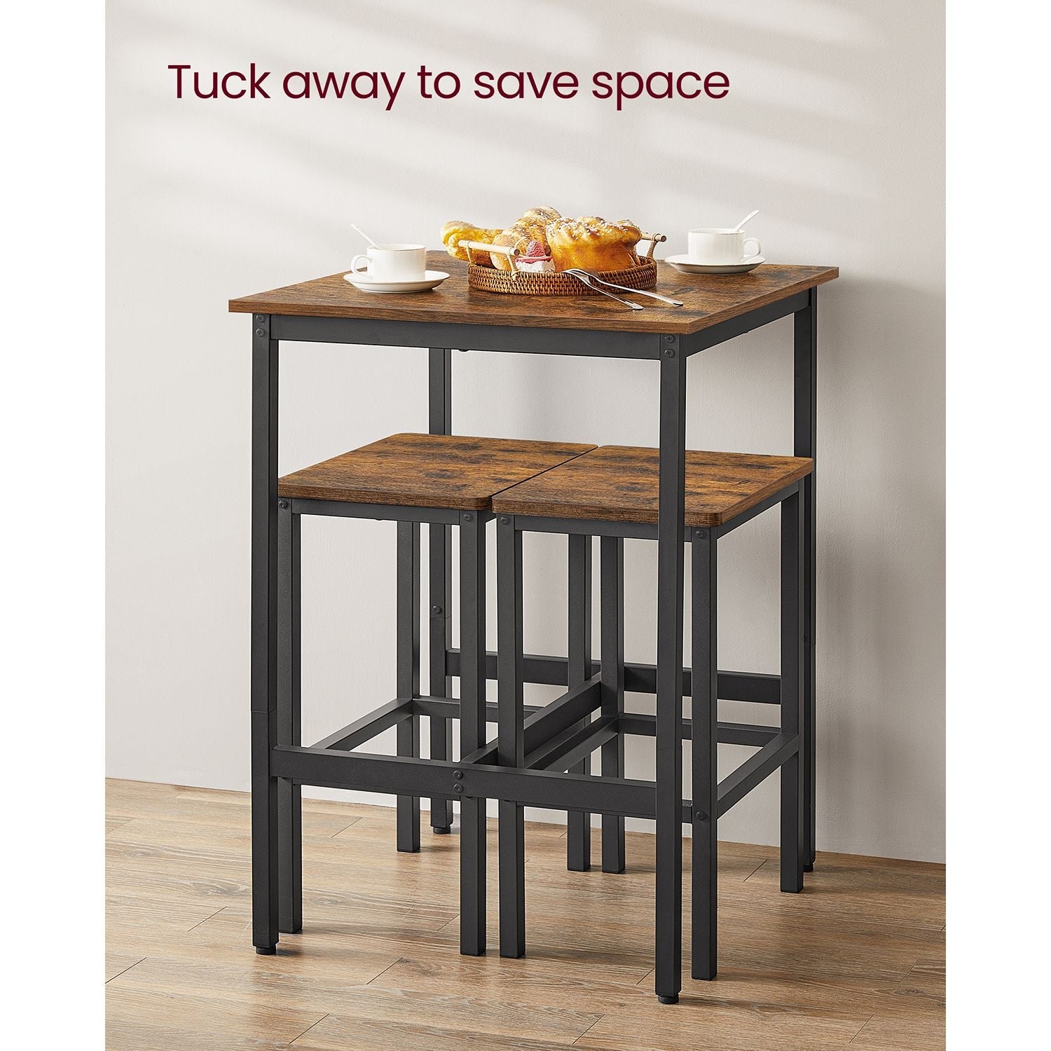 Dining Table and Chairs Set – Wood and Metal – Rustic Brown and Black – Compact Design