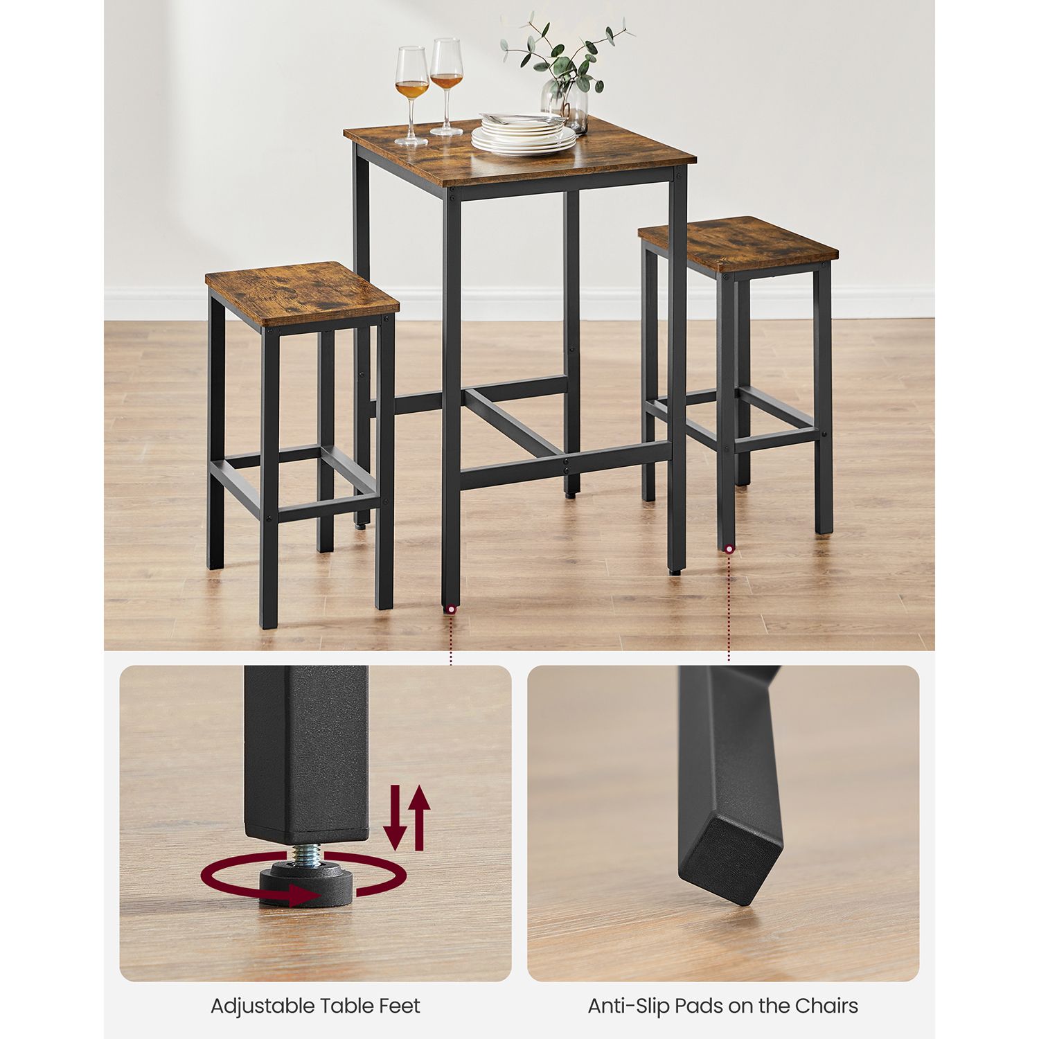 Dining Table and Chairs Set – Wood and Metal – Rustic Brown and Black – Compact Design