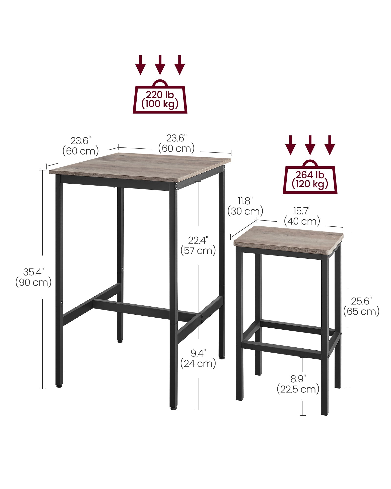 Bar Table and Stools Set – Wood – Heather Greige and Ink Black – Industrial Style
