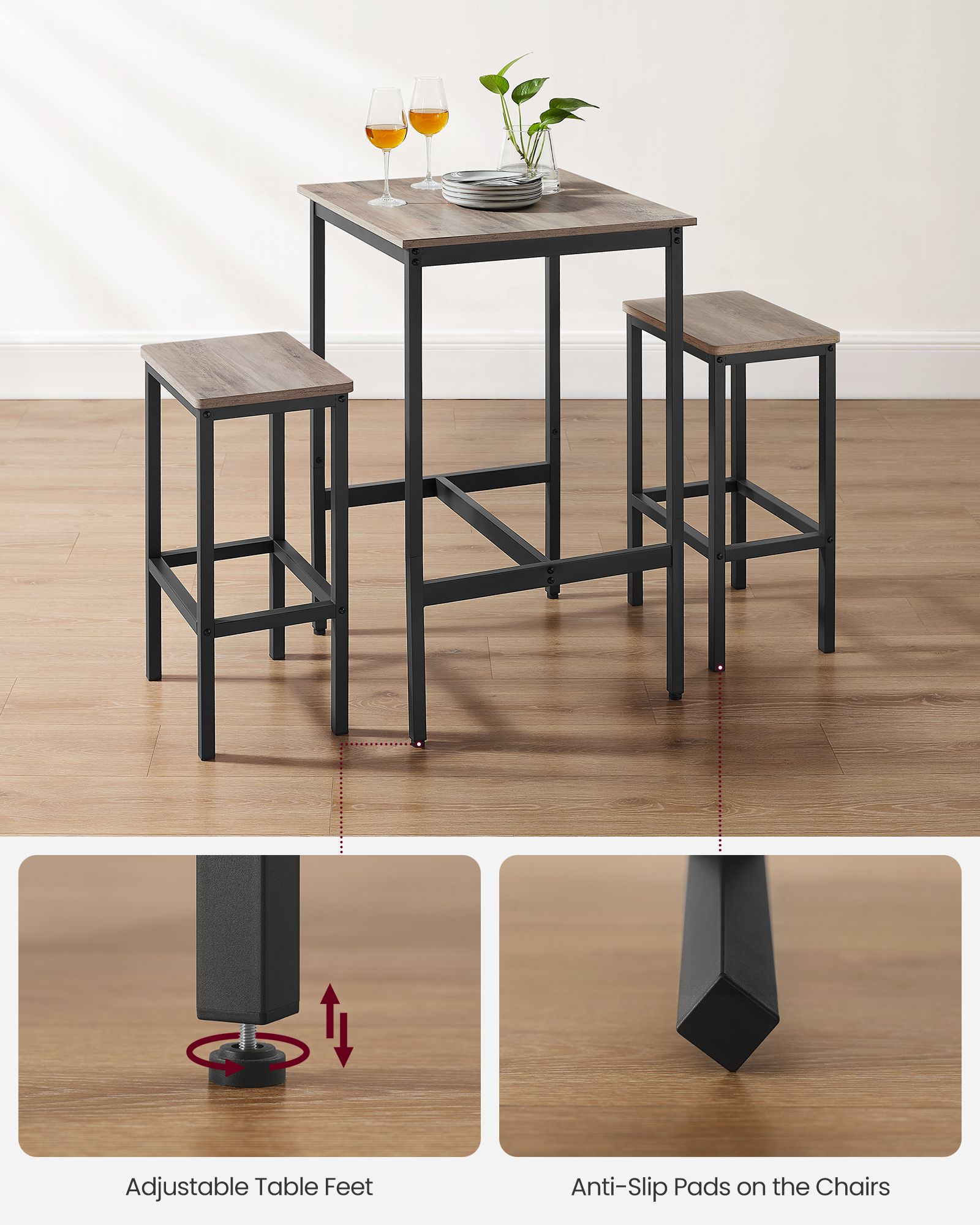 Bar Table and Stools Set – Wood – Heather Greige and Ink Black – Industrial Style