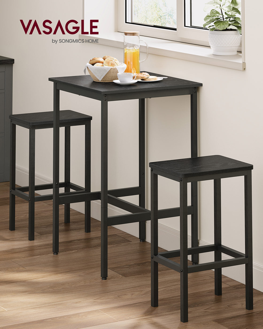 Bar Table and Stools Set – Wooden – Ebony Black and Ink Black – Compact Design for Dining Room and Kitchen