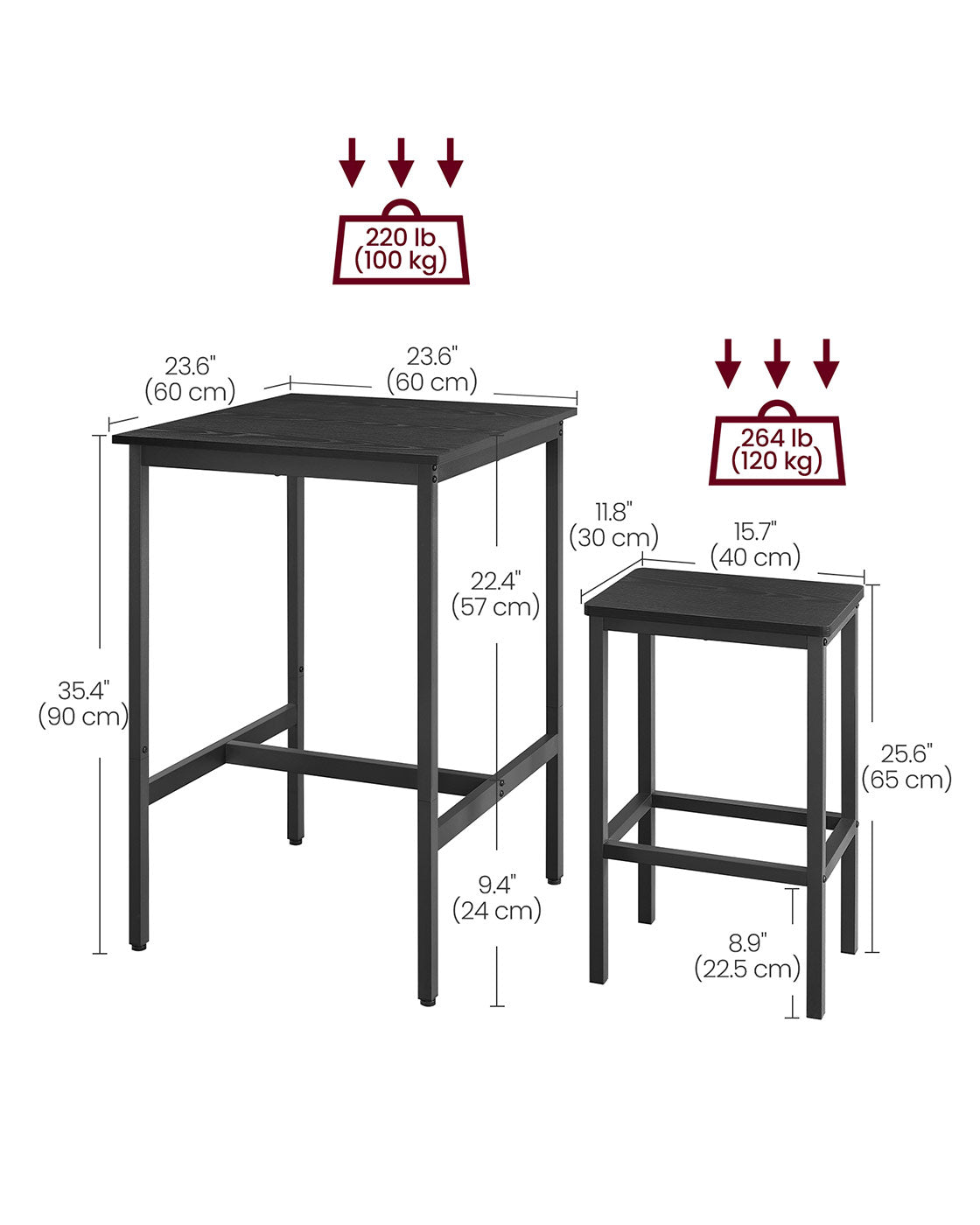 Bar Table and Stools Set – Wooden – Ebony Black and Ink Black – Compact Design for Dining Room and Kitchen