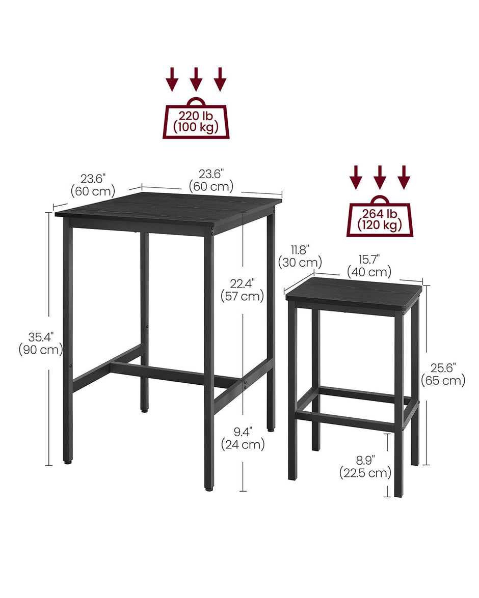 Bar Table and Stools Set – Wooden – Ebony Black and Ink Black – Compact Design for Dining Room and Kitchen