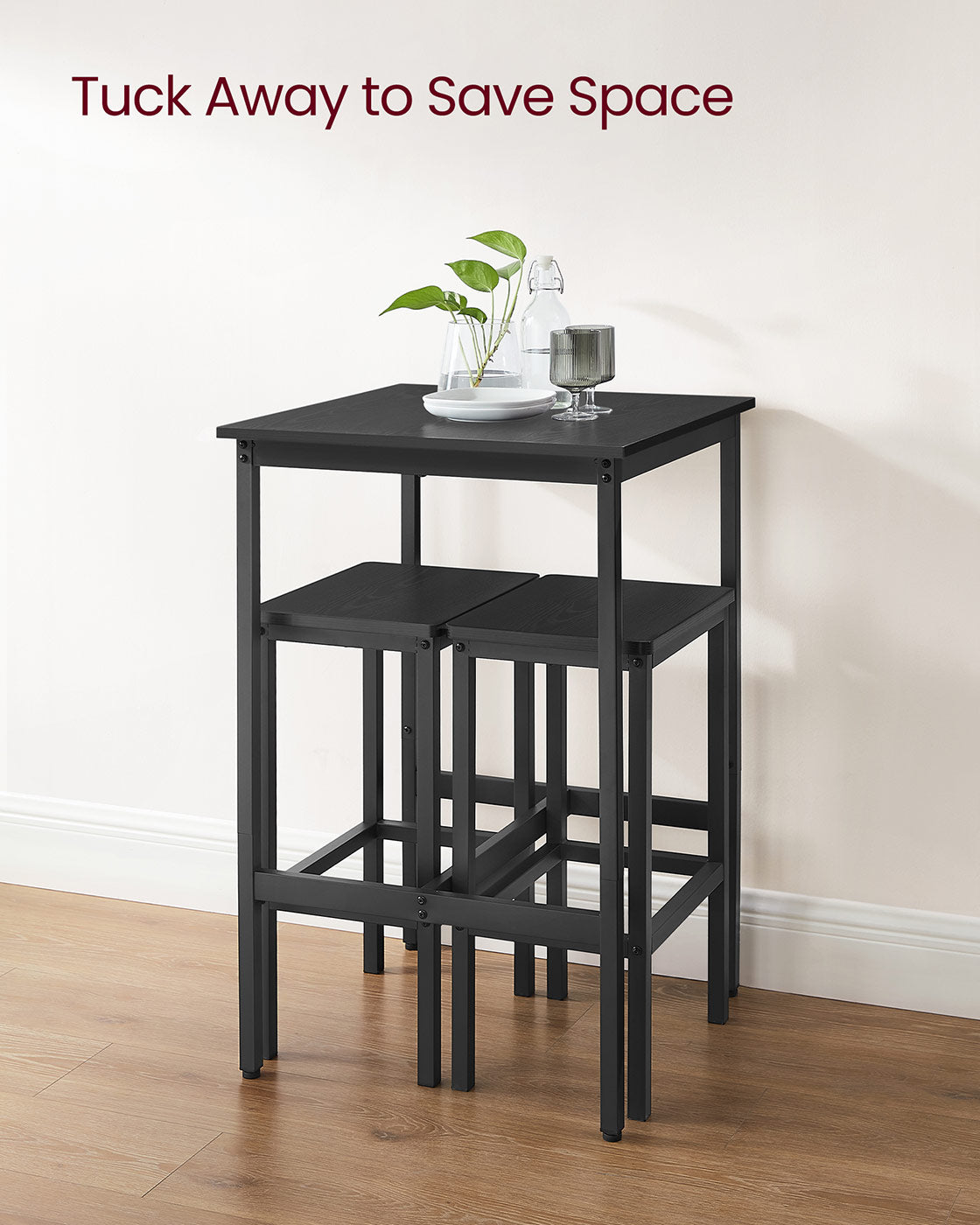 Bar Table and Stools Set – Wooden – Ebony Black and Ink Black – Compact Design for Dining Room and Kitchen