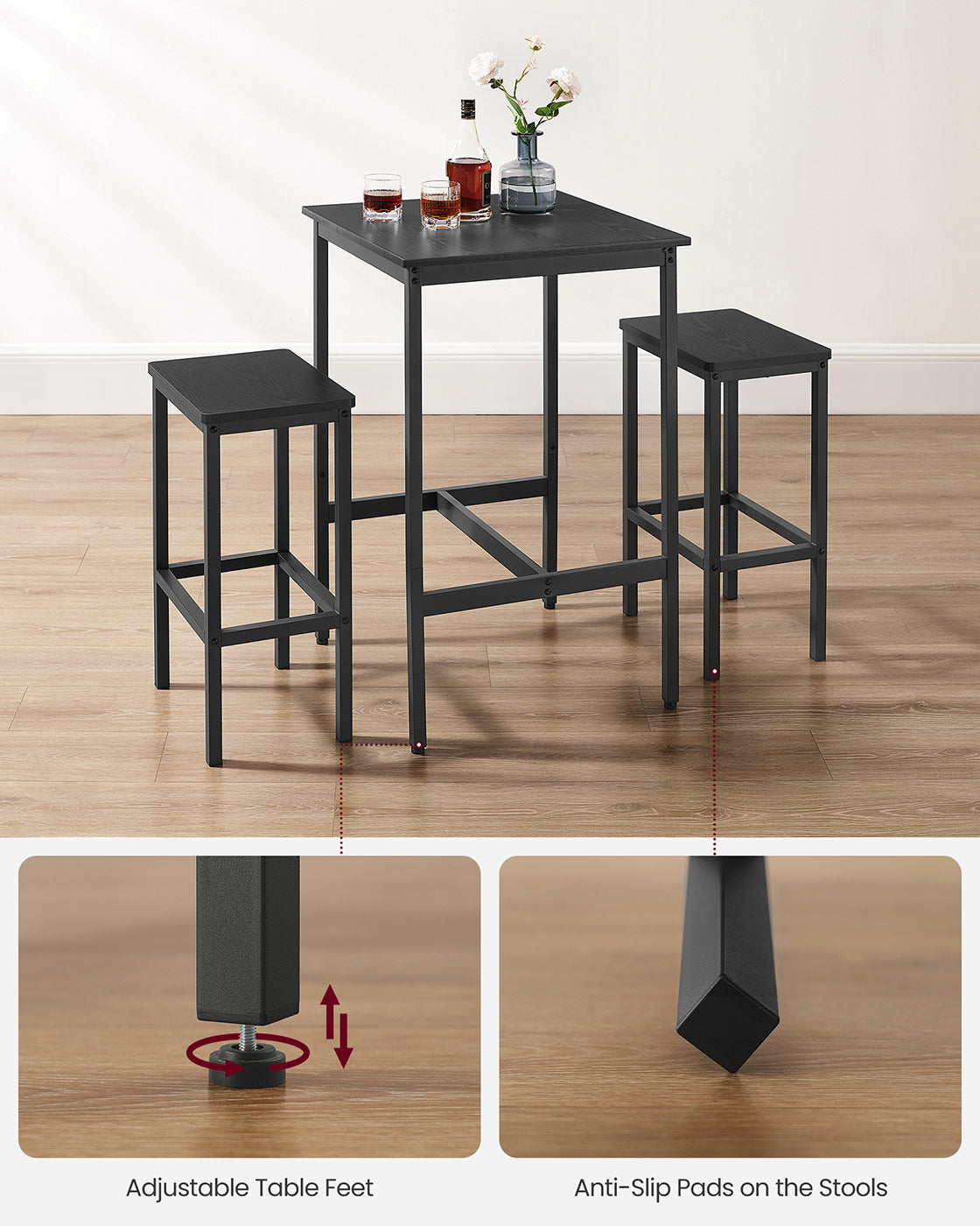 Bar Table and Stools Set – Wooden – Ebony Black and Ink Black – Compact Design for Dining Room and Kitchen