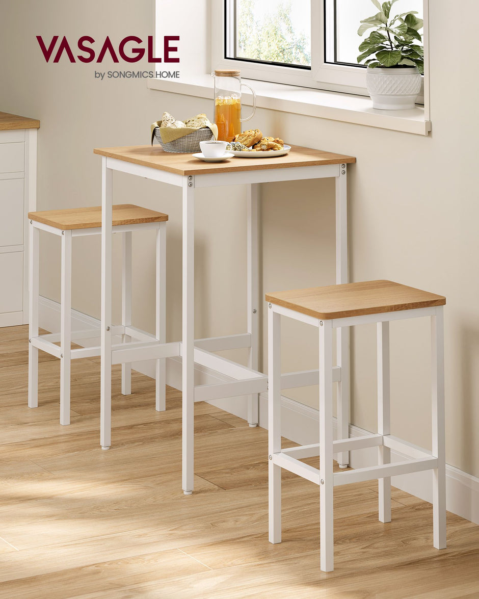 Square Bar Table Set – Wood – Golden Oak and Cloud White – Includes 2 Bar Stools