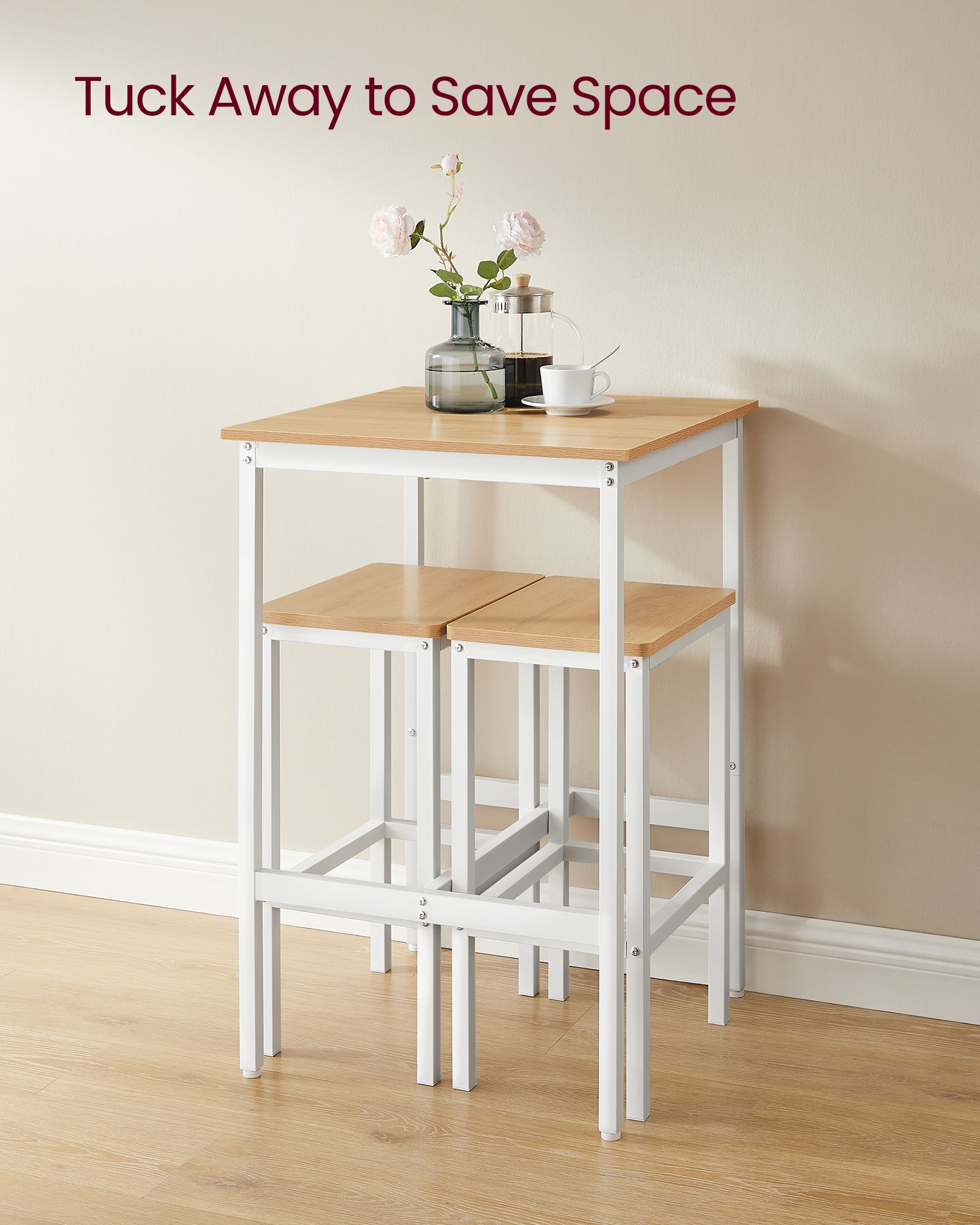 Square Bar Table Set – Wood – Golden Oak and Cloud White – Includes 2 Bar Stools