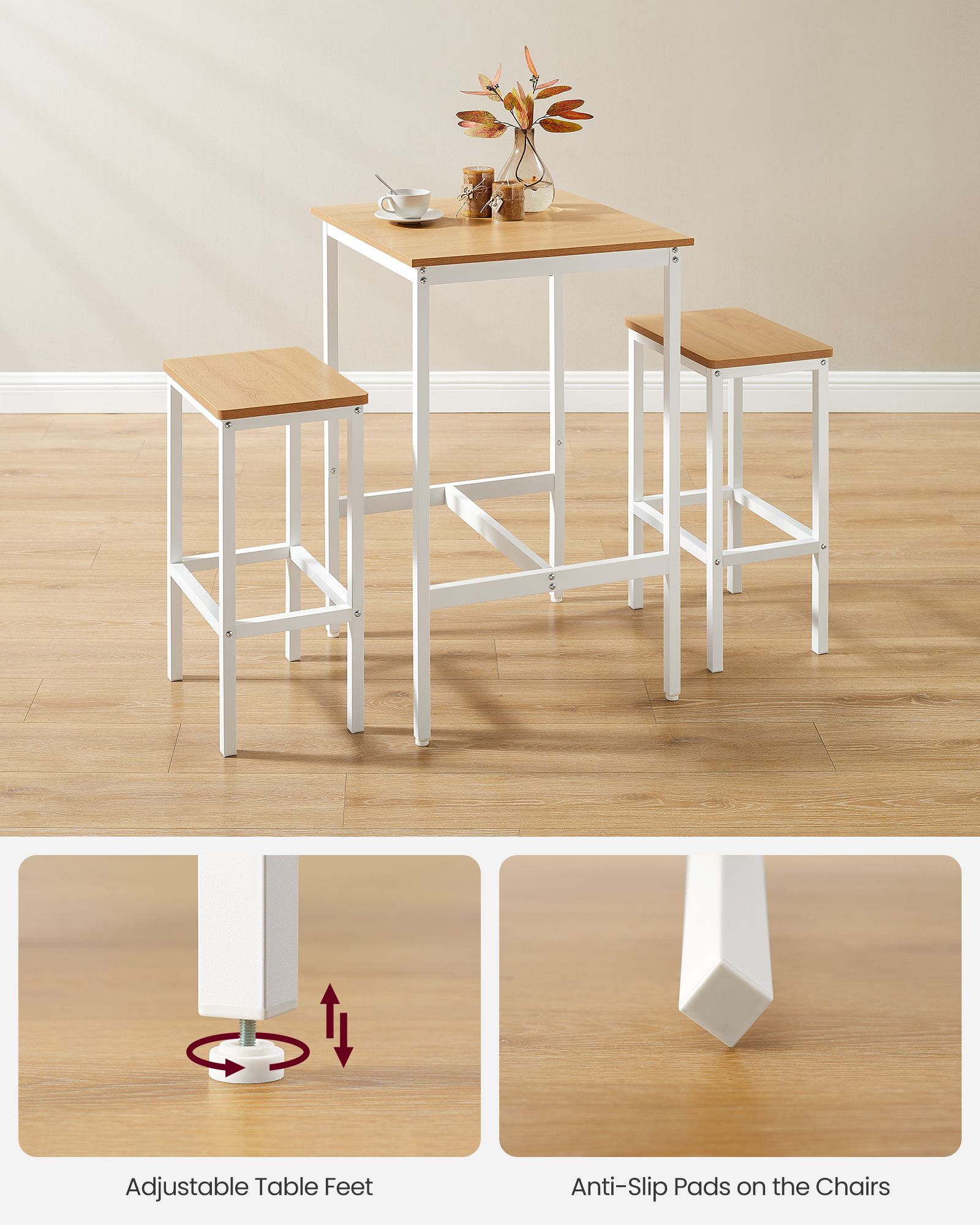 Square Bar Table Set – Wood – Golden Oak and Cloud White – Includes 2 Bar Stools