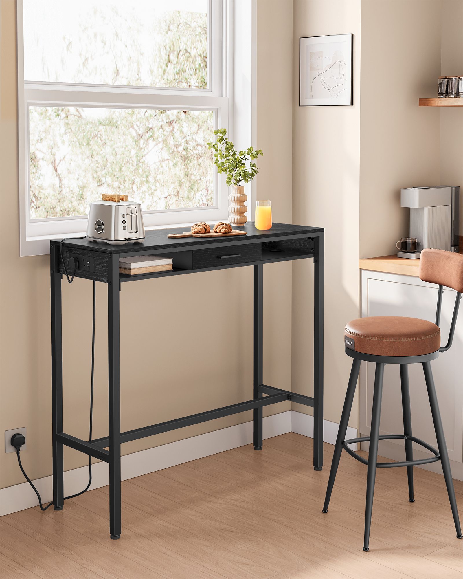 Pub Table – Wood – Ebony Black – With Charging Station and Movable Drawer
