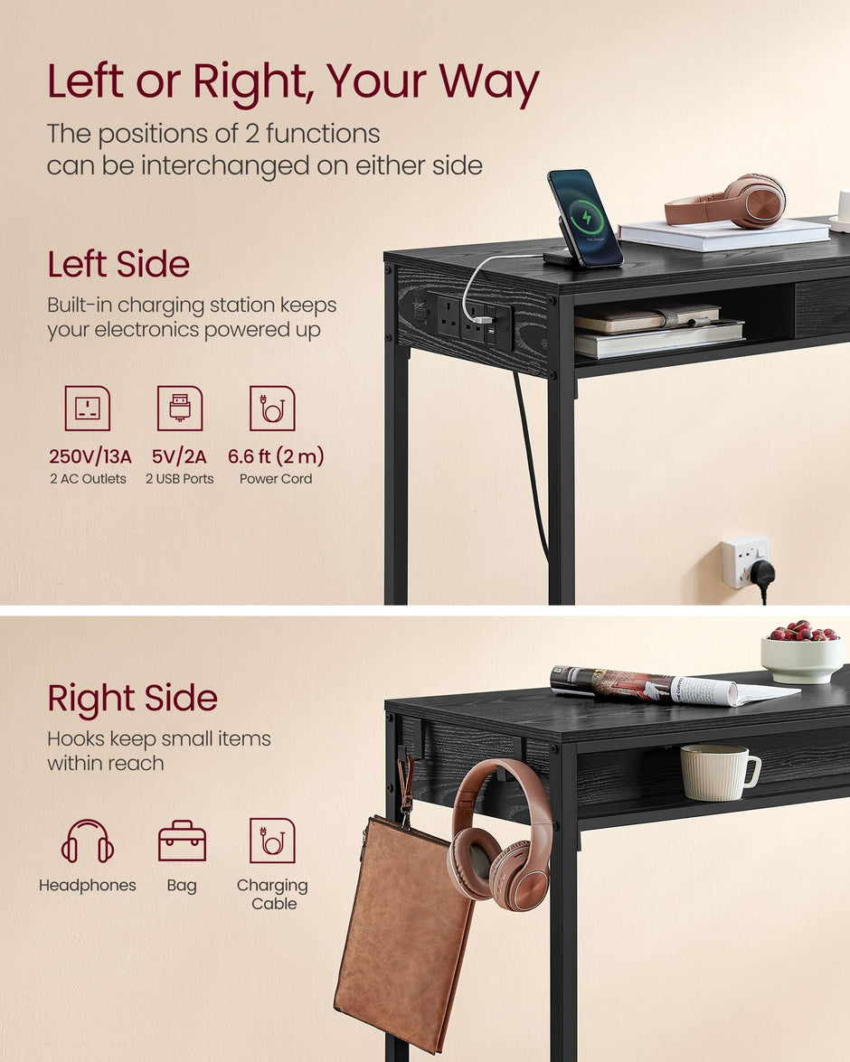 Pub Table – Wood – Ebony Black – With Charging Station and Movable Drawer