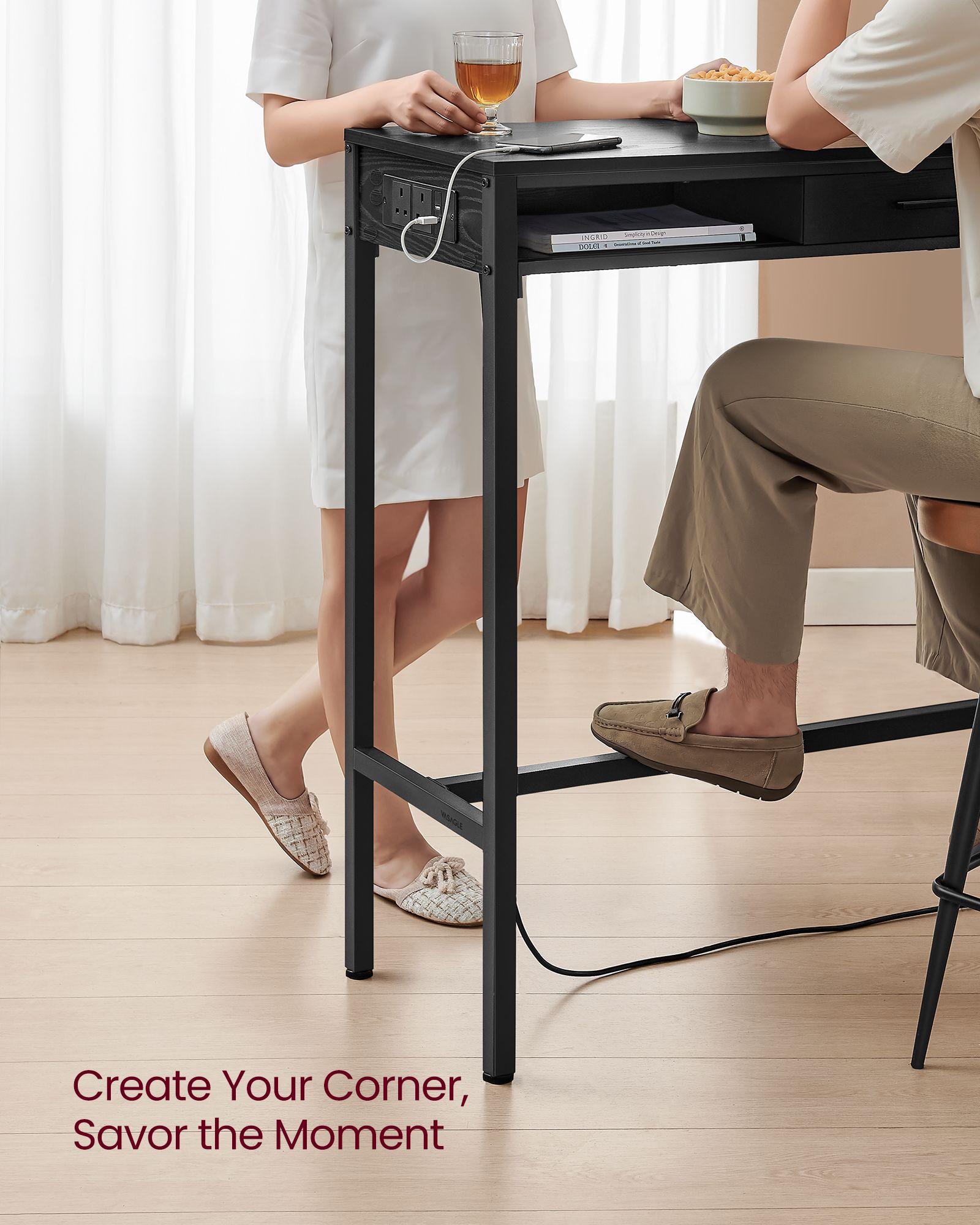 Pub Table – Wood – Ebony Black – With Charging Station and Movable Drawer