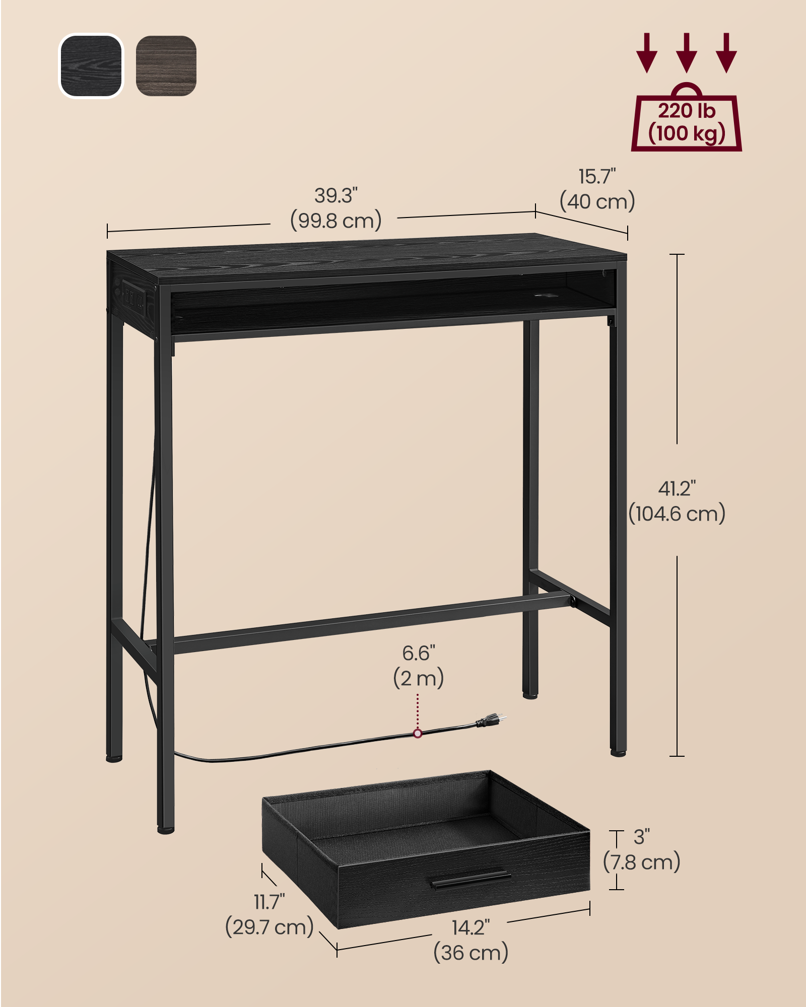 Pub Table – Wood – Ebony Black – With Charging Station and Movable Drawer