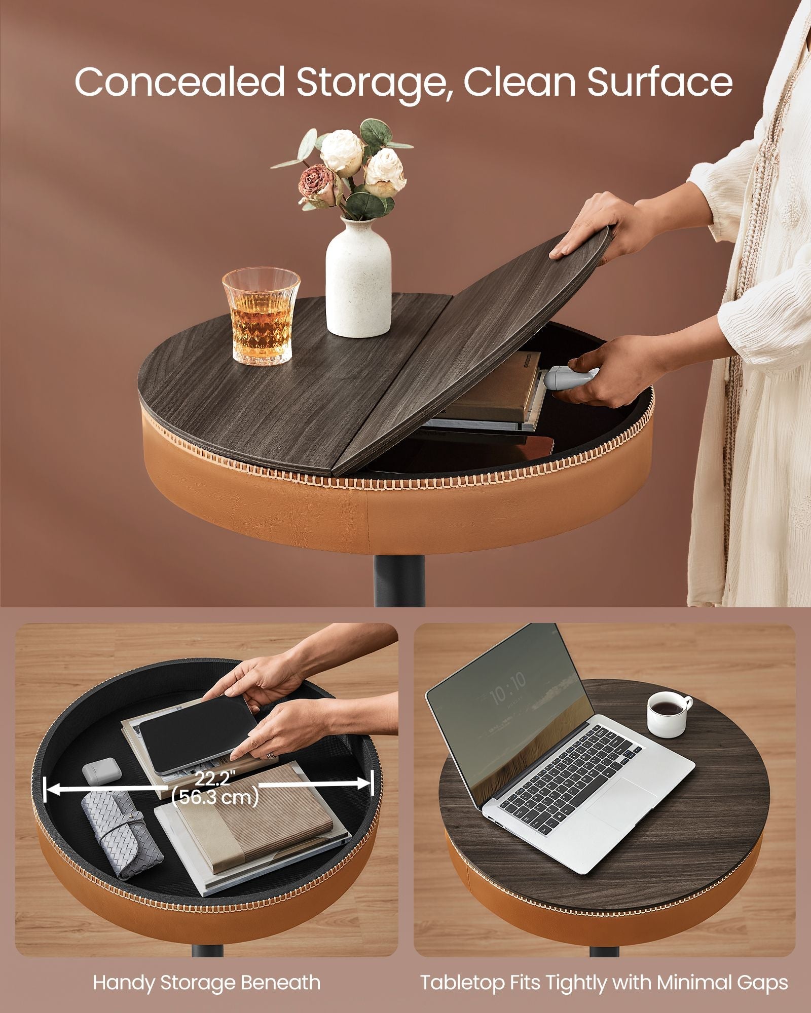 Height Adjustable Bar Table – Synthetic Leather – Ash Brown and Caramel Brown – Mid-Century Modern Design with Storage