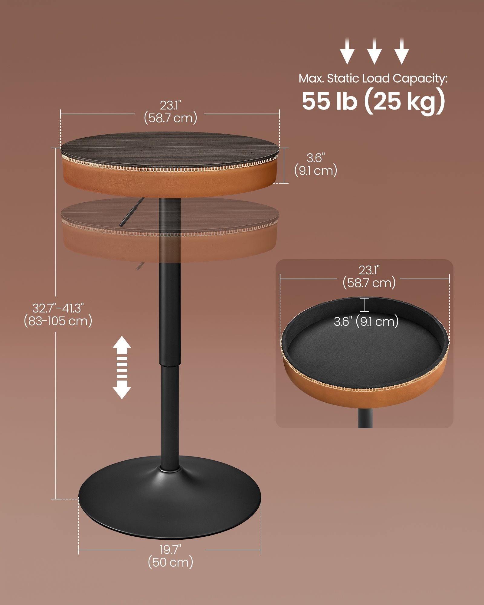 Height Adjustable Bar Table – Synthetic Leather – Ash Brown and Caramel Brown – Mid-Century Modern Design with Storage