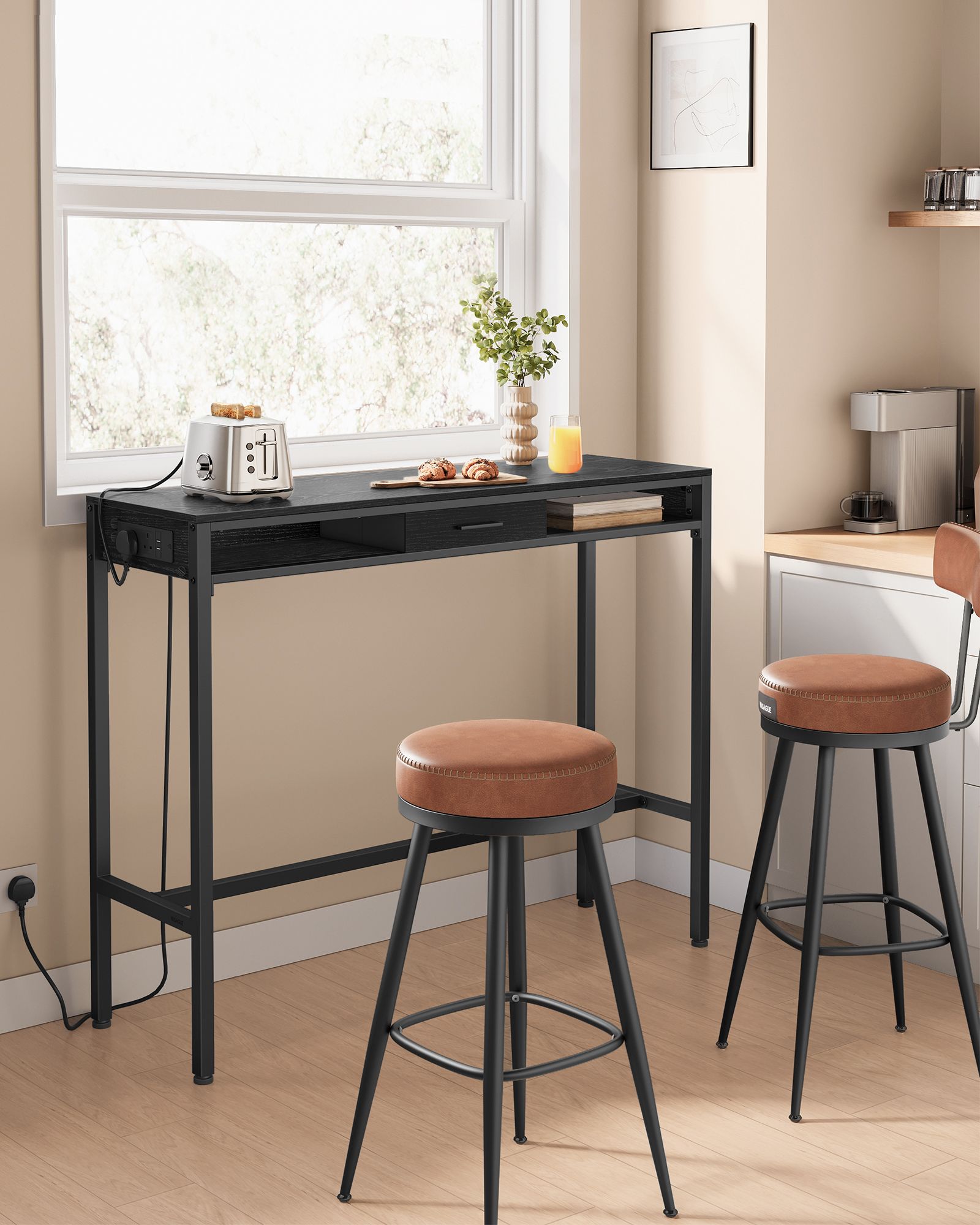 Pub Table – Wood – Ebony Black – With Charging Station and Movable Drawer