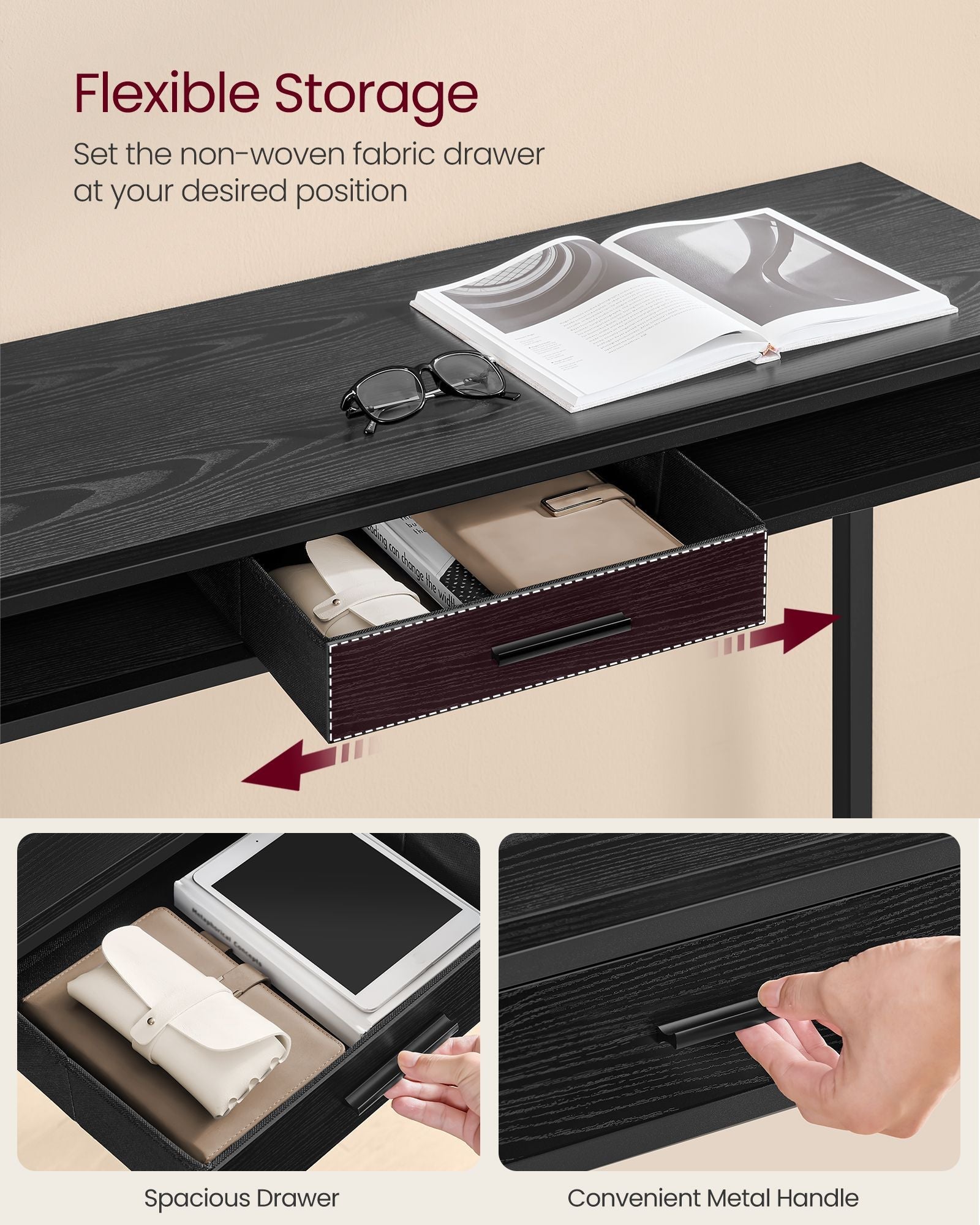 Pub Table – Wood – Ebony Black – With Charging Station and Movable Drawer