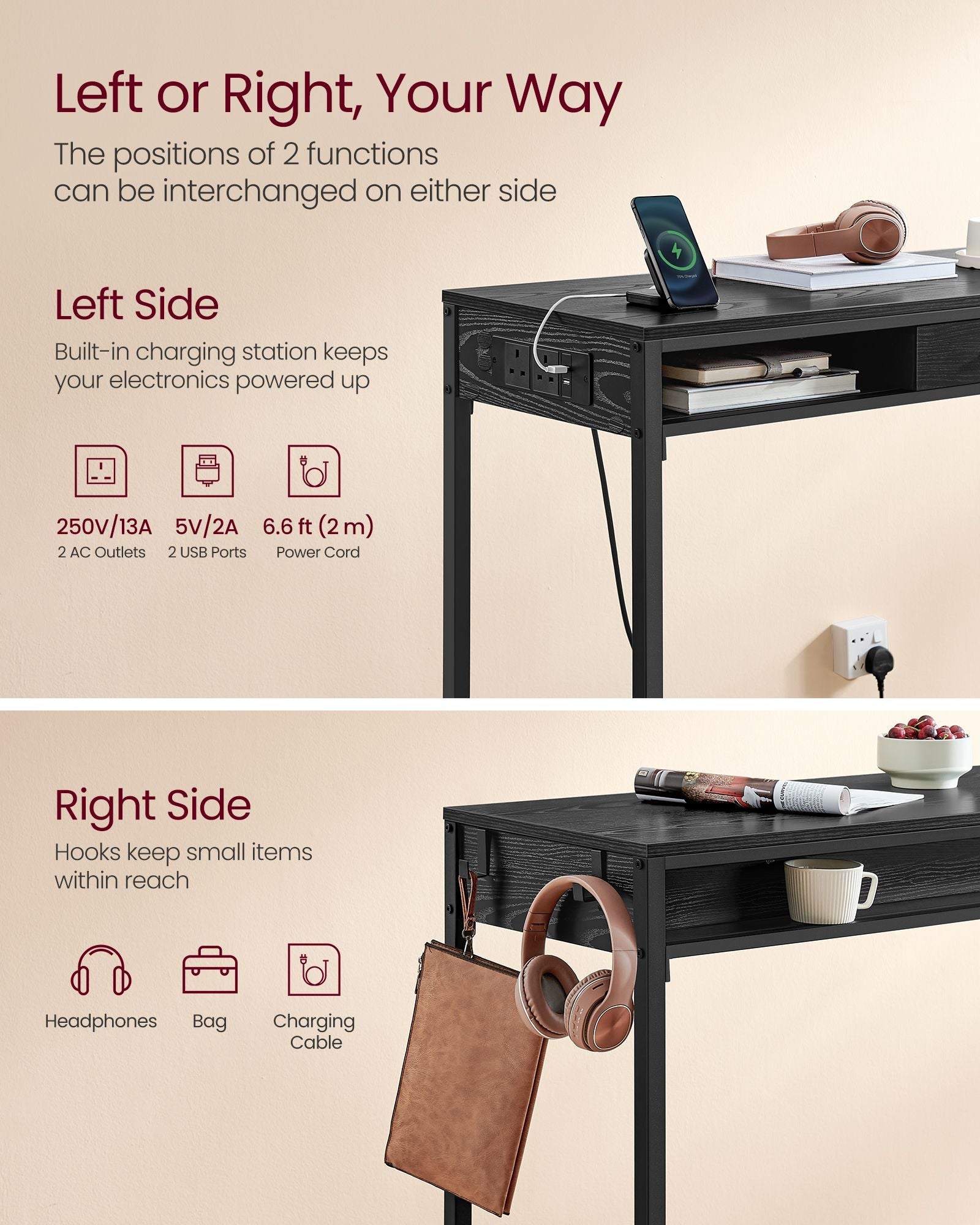Pub Table – Wood – Ebony Black – With Charging Station and Movable Drawer
